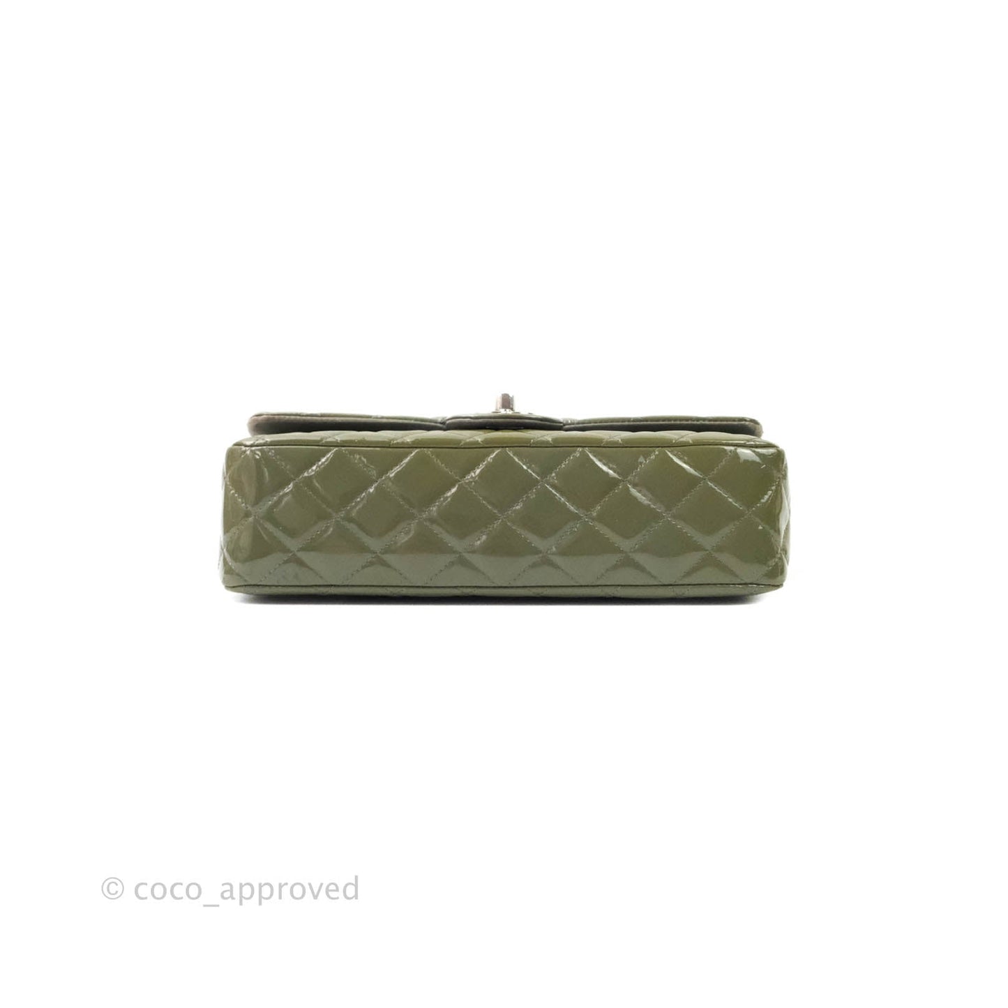 Chanel Classic M/L Medium Double Flap Olive Green Patent Silver Hardware