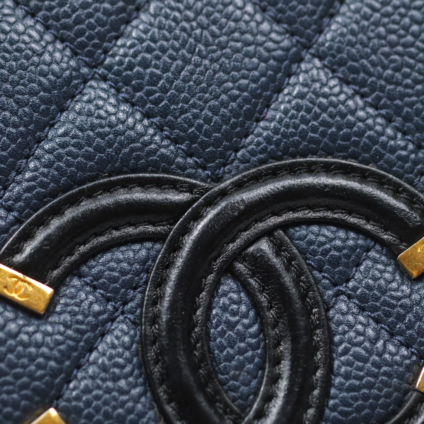 Chanel Small CC Filigree Flap Quilted Navy Black Caviar Aged Gold Hardware