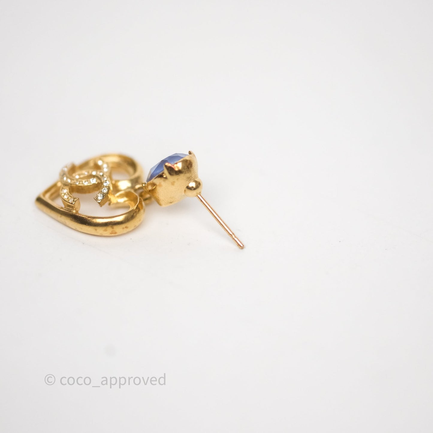 Chanel Oval Blue Resin Heart CC Drop Earrings Gold Tone 23C