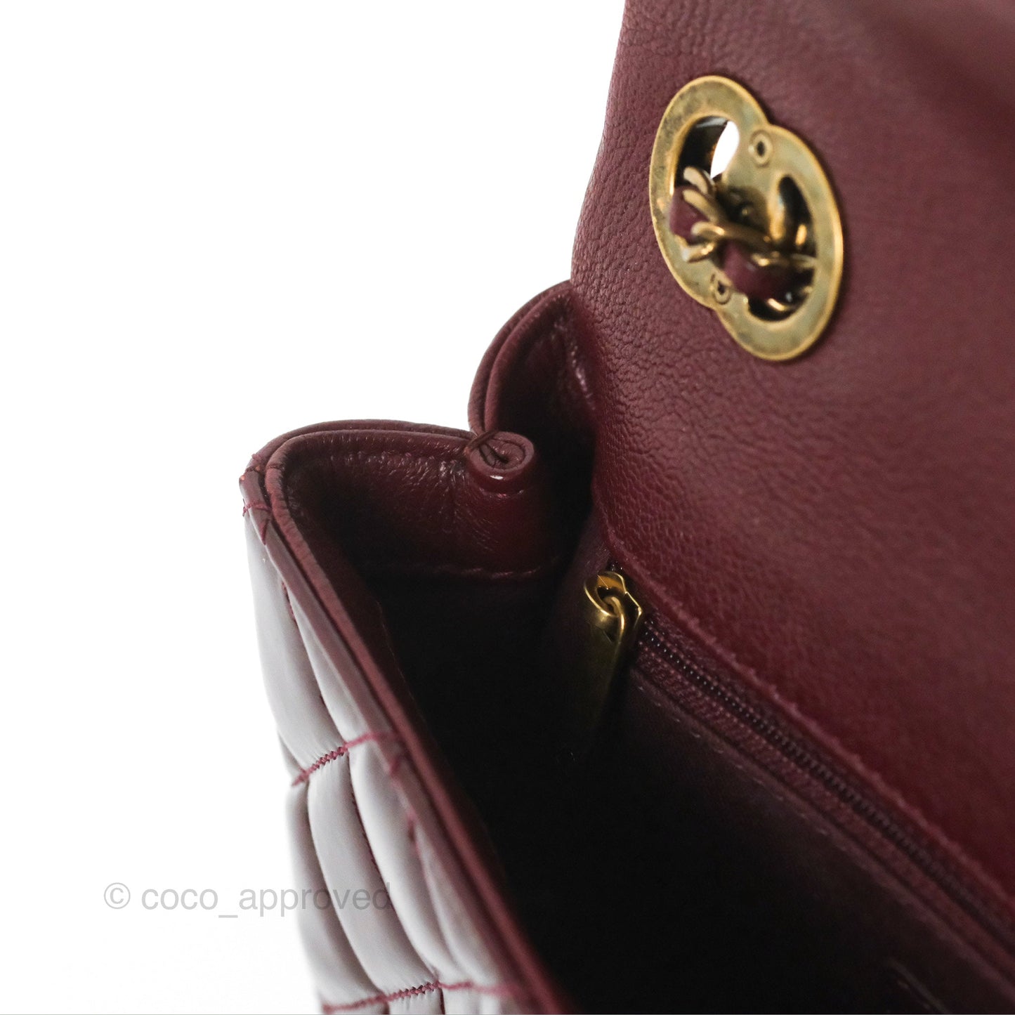 Chanel Quilted CC Eyelet Flap Burgundy Patent Goatskin Antique Gold Hardware