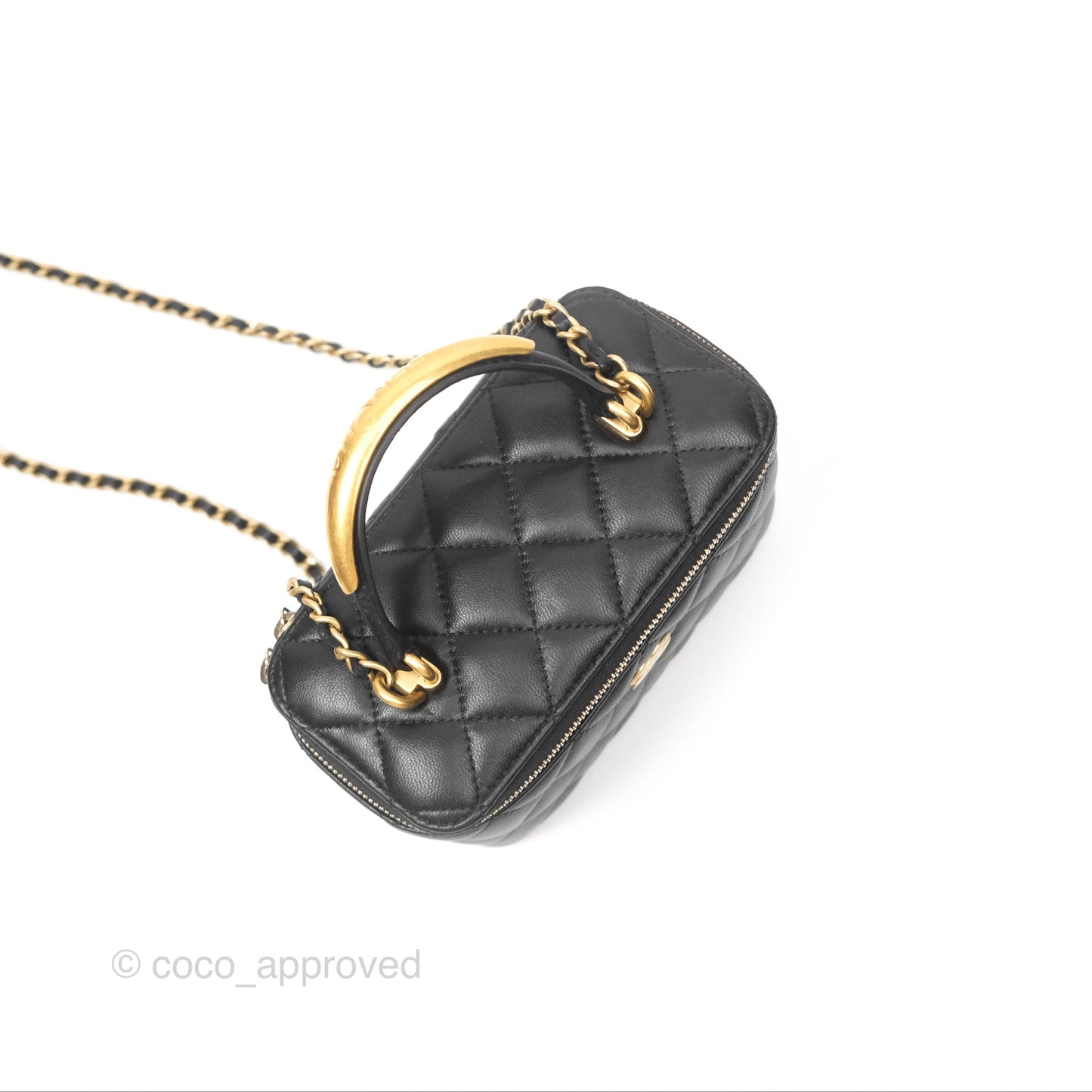 Chanel Vanity Rectangular Metal Top Handle Black Lambskin Aged Gold Hardware 22B