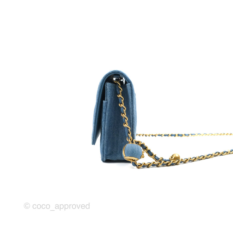 Chanel Quilted Pearl Crush Wallet on Chain WOC Denim Aged Gold Hardware