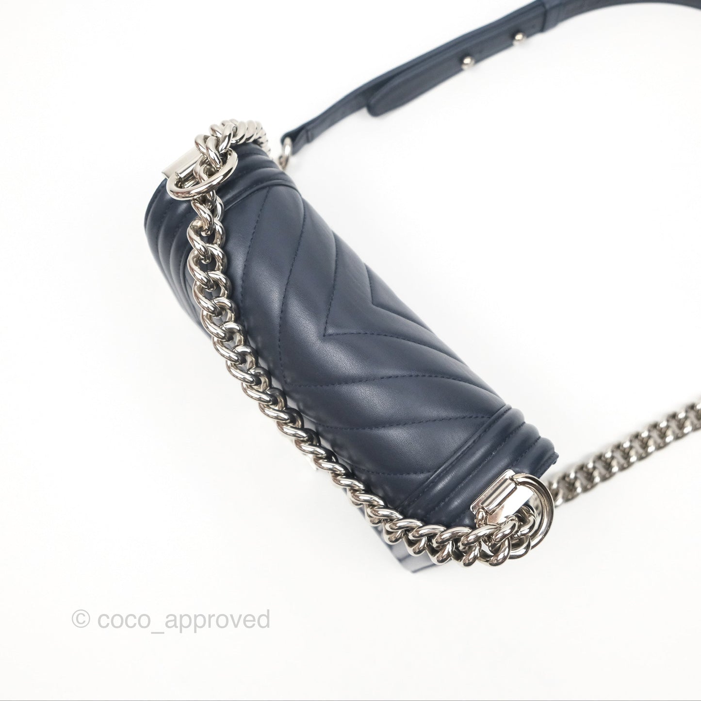 Chanel Small Chevron Boy Navy Calfskin Silver Hardware