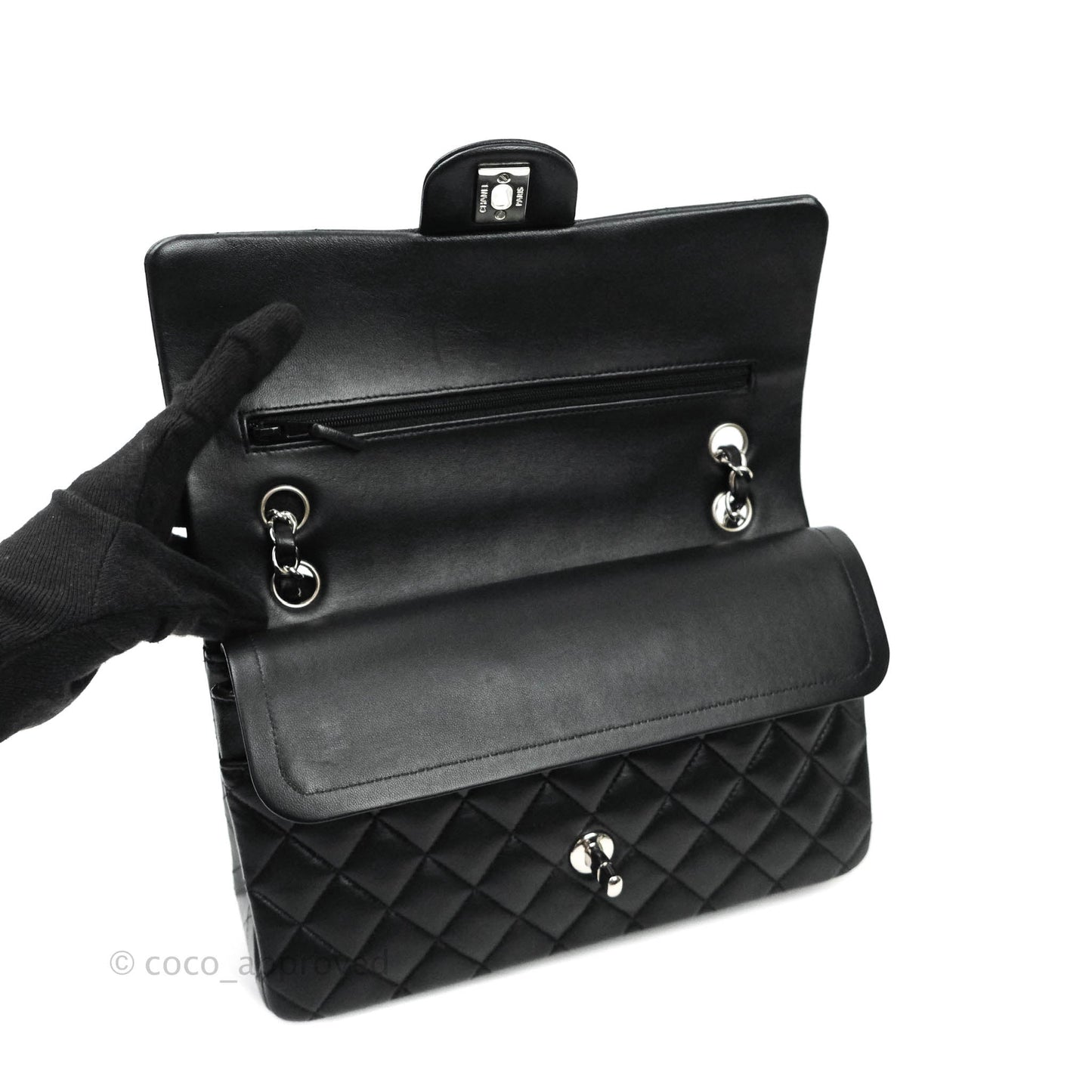 Chanel Classic M/L Medium Double Flap Bag Black Lambskin Silver Hardware