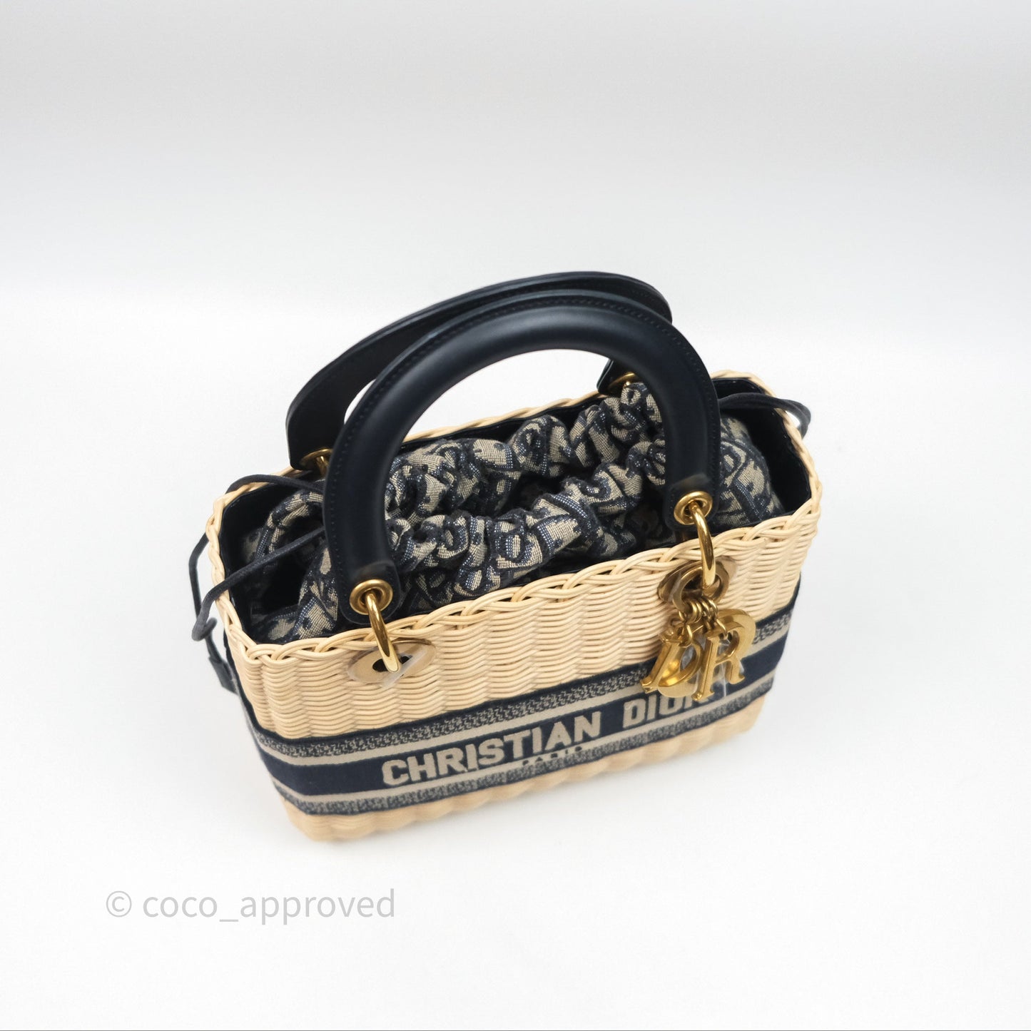 Christian Dior Medium Lady Dior Natural Rattan and Blue Dior Oblique Jacquard