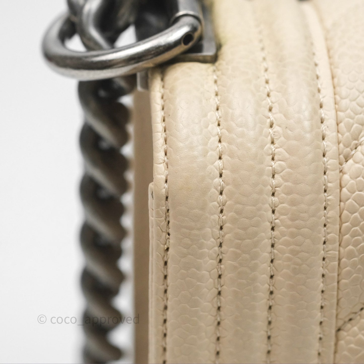 Chanel Small Boy Chevron Beige Caviar Ruthenium Hardware