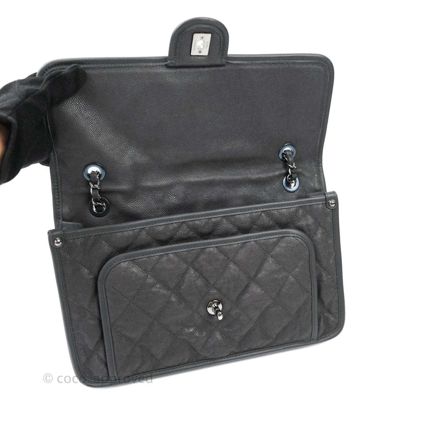 Chanel French Riviera Quilted Large Flap Bag Caviar Grey Silver Hardware