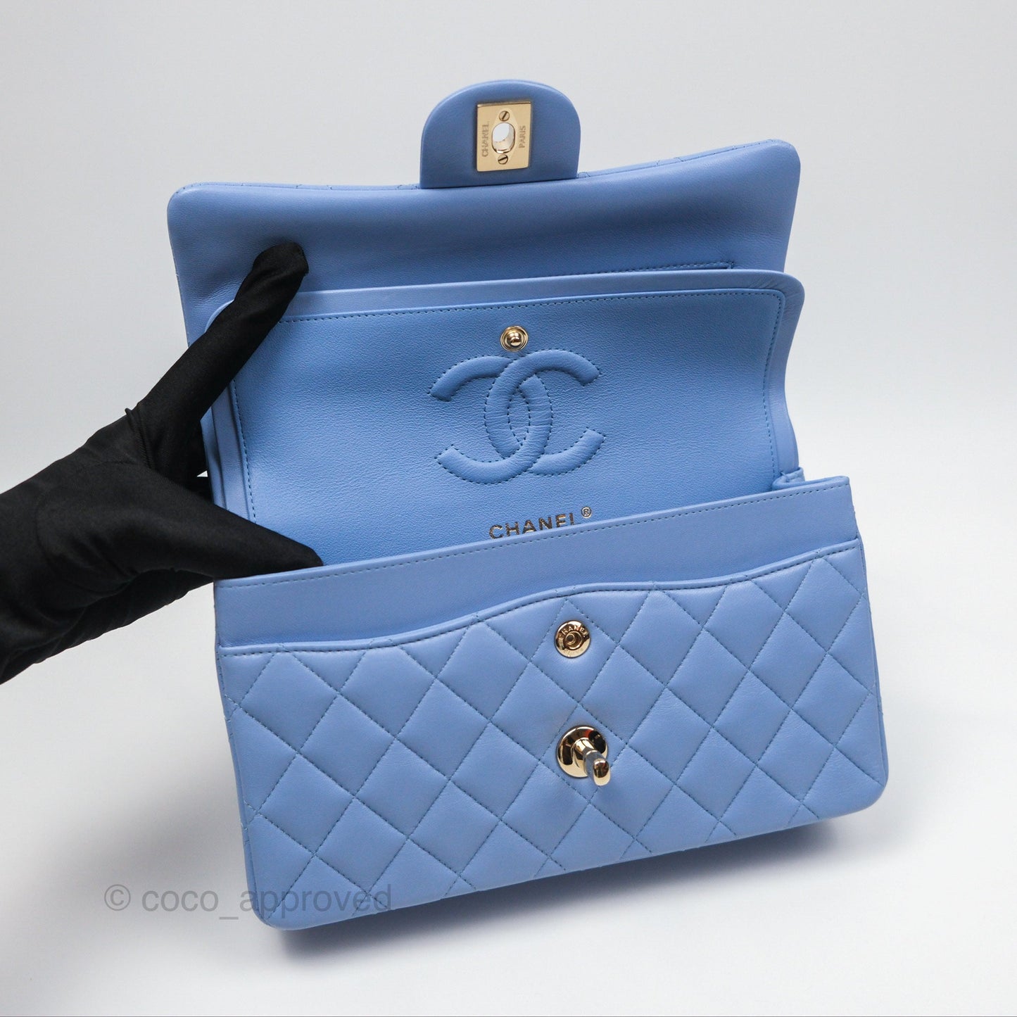 Chanel Small Classic Quilted Flap Sky Blue Lambskin Gold Hardware