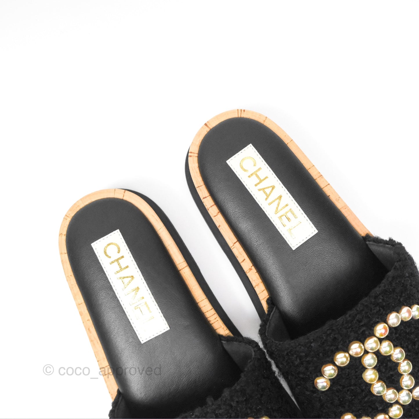 Chanel CC Mule Sandals Black Tweed Cork Size 36