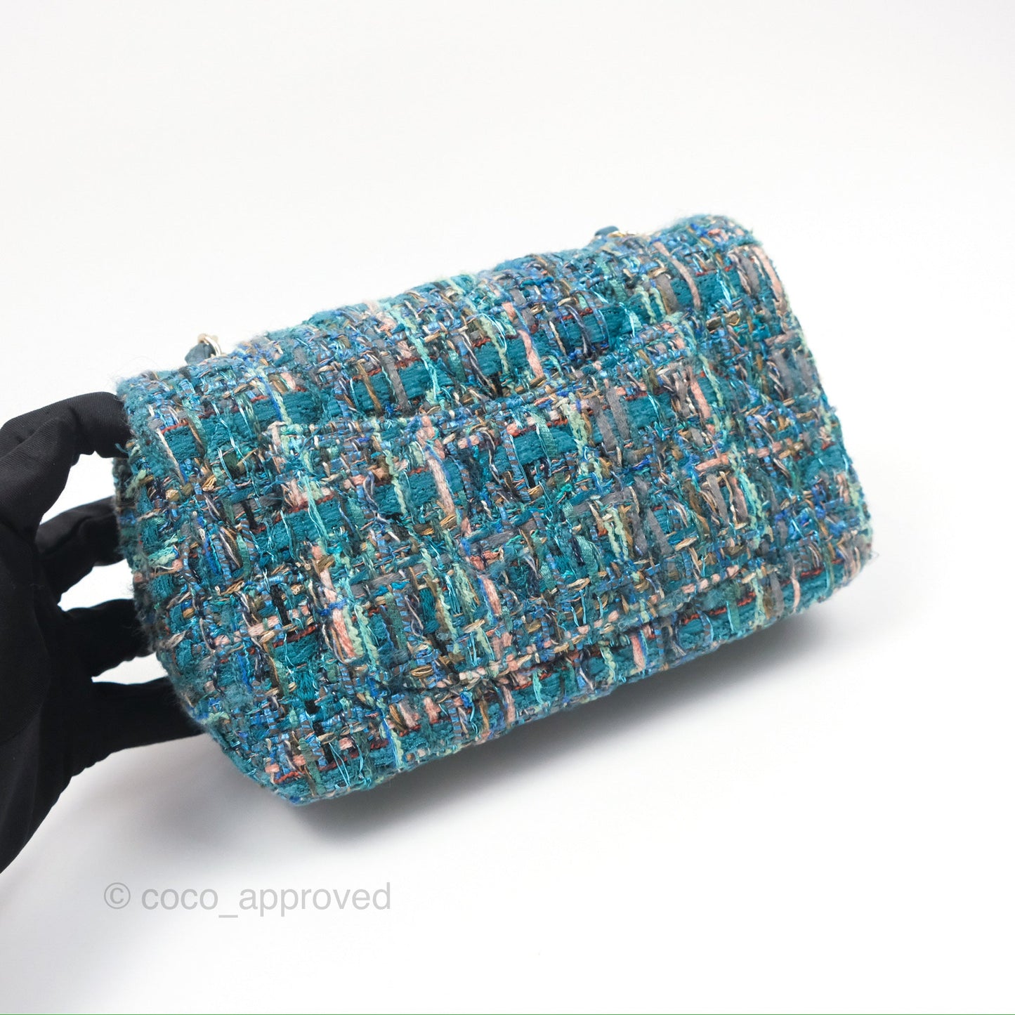 Chanel Mini Rectangular Flap Teal Tweed Gold Hardware