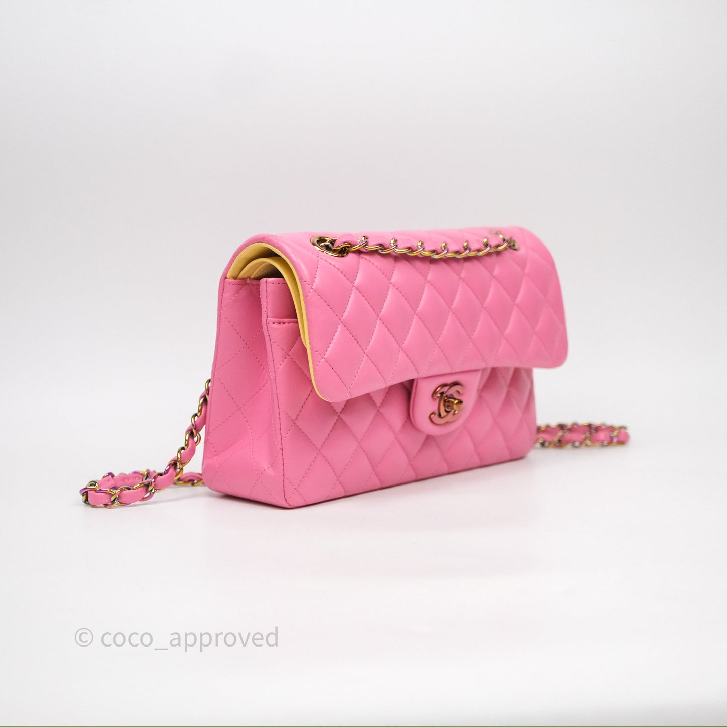 Chanel Small Classic Flap Quilted Pink Lambskin Rainbow Hardware