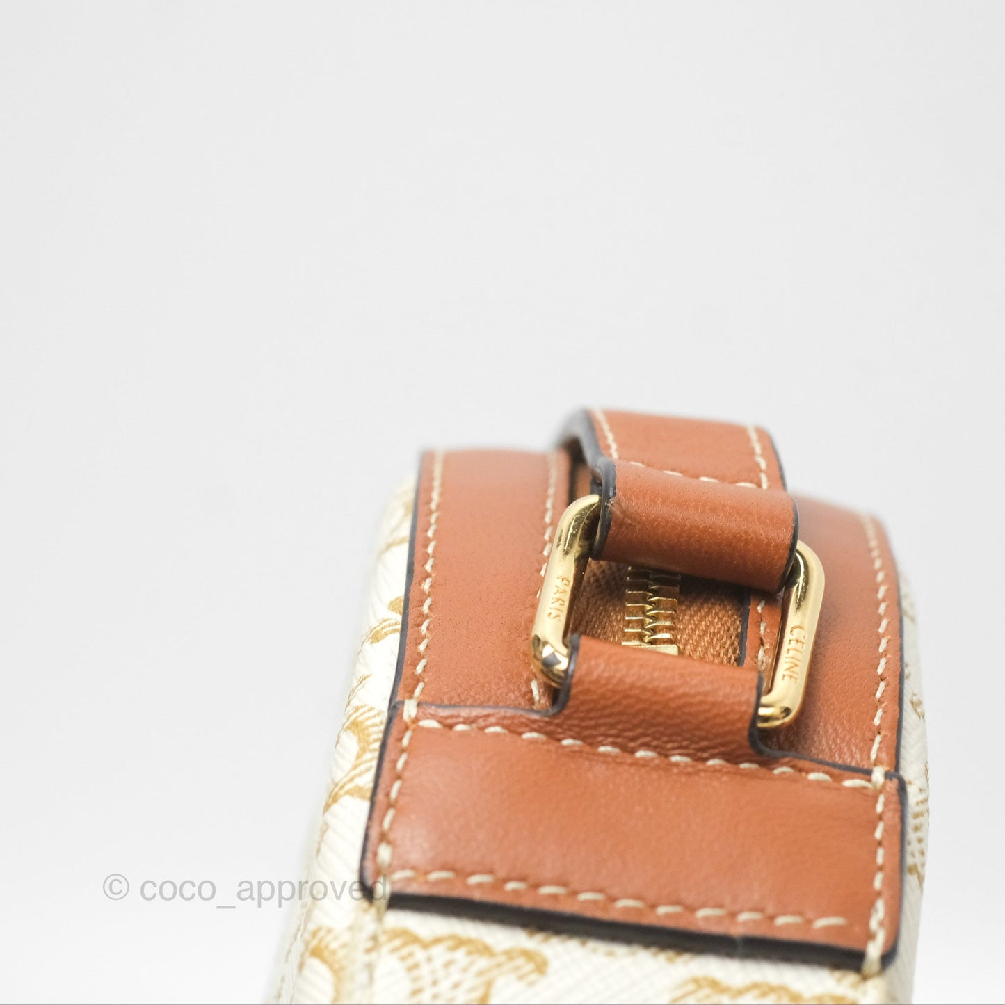 Celine Round Purse on Strap Triomphe Canvas White Tan