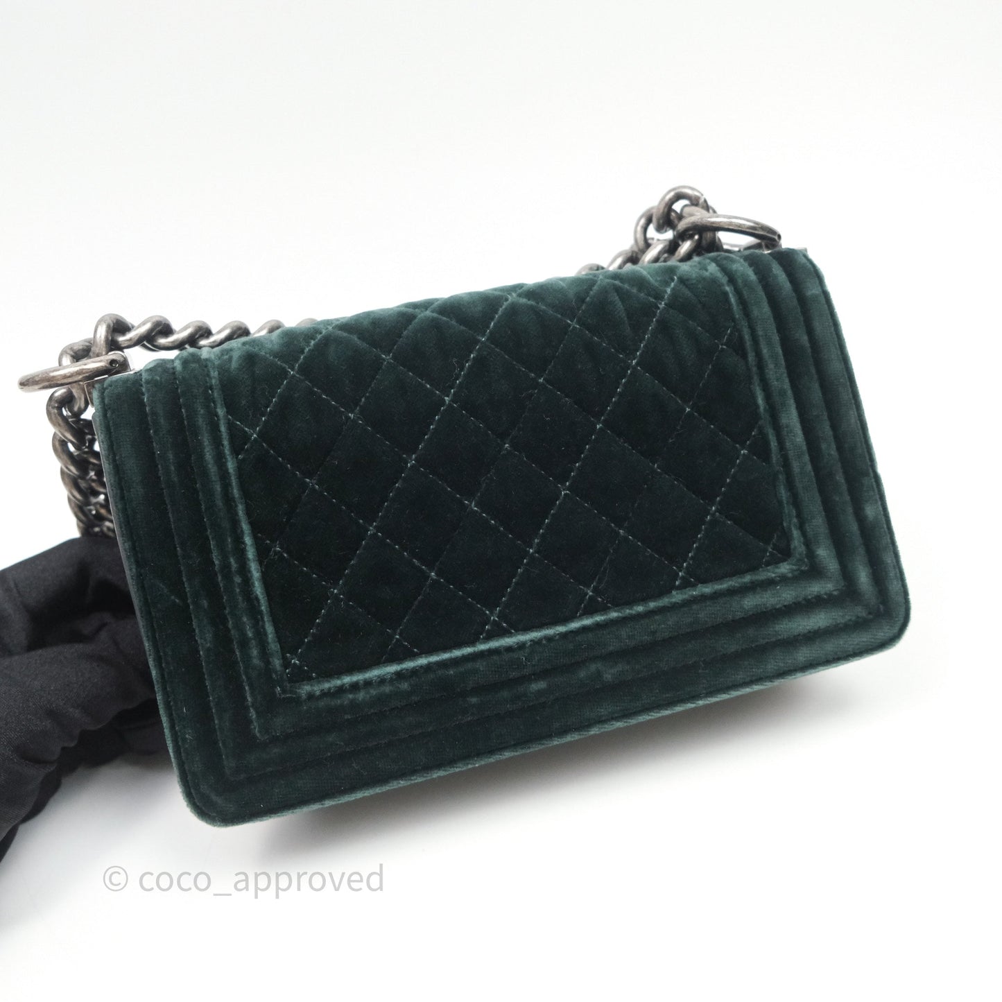 Chanel Small Boy Quilted Dark Green Velvet Ruthenium Hardware