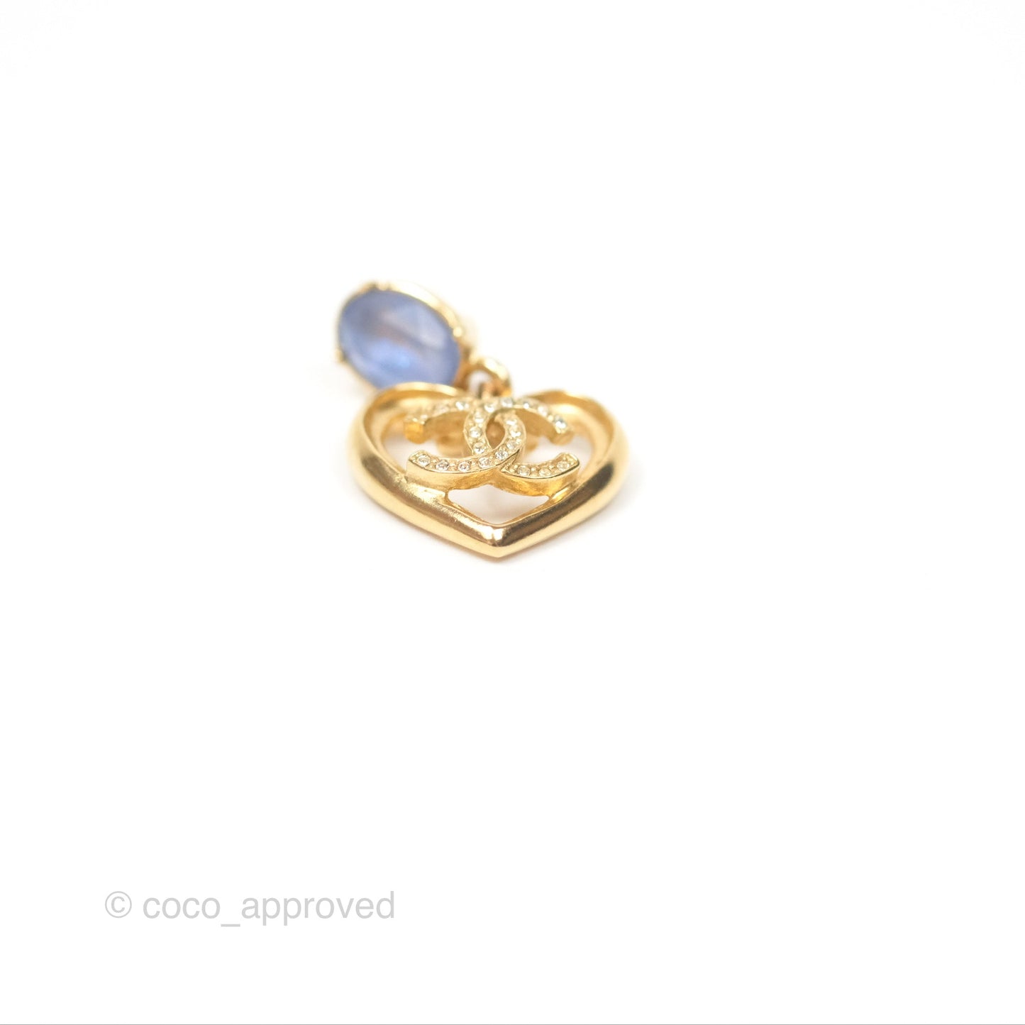 Chanel Oval Blue Resin Heart CC Drop Earrings Gold Tone 23C
