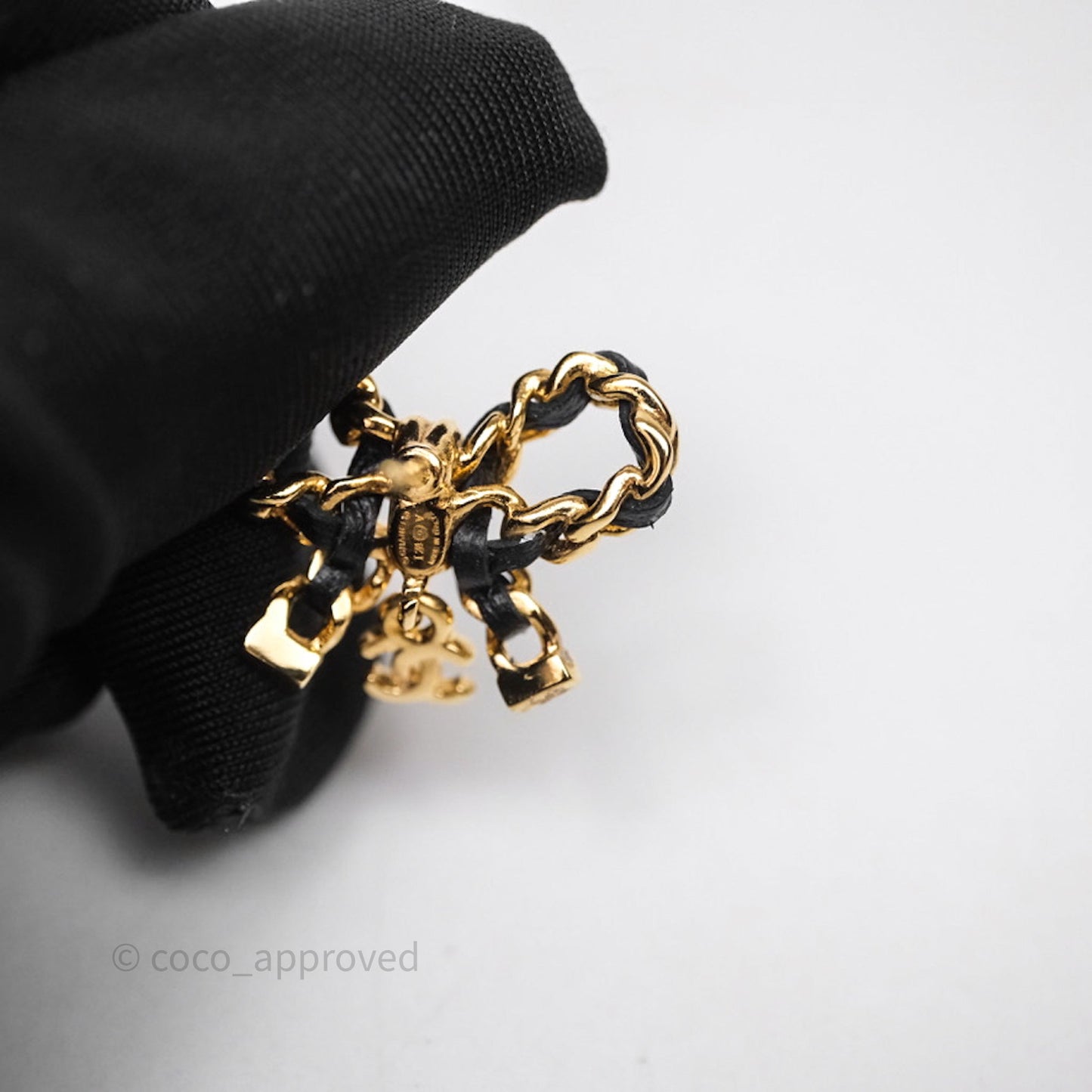 Chanel Lambskin Chain Bow Stud Earrings Black Gold Tone 24V