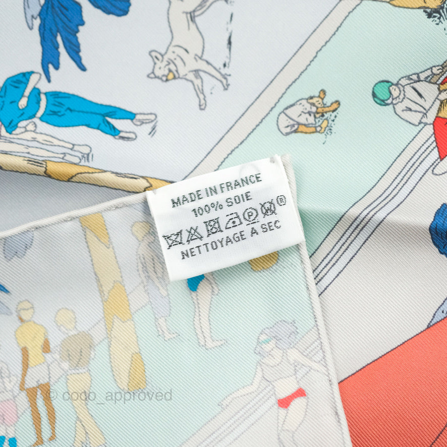 Hermes On The Beach Scarf 90 Gris Argent / Bleu / Grenadine