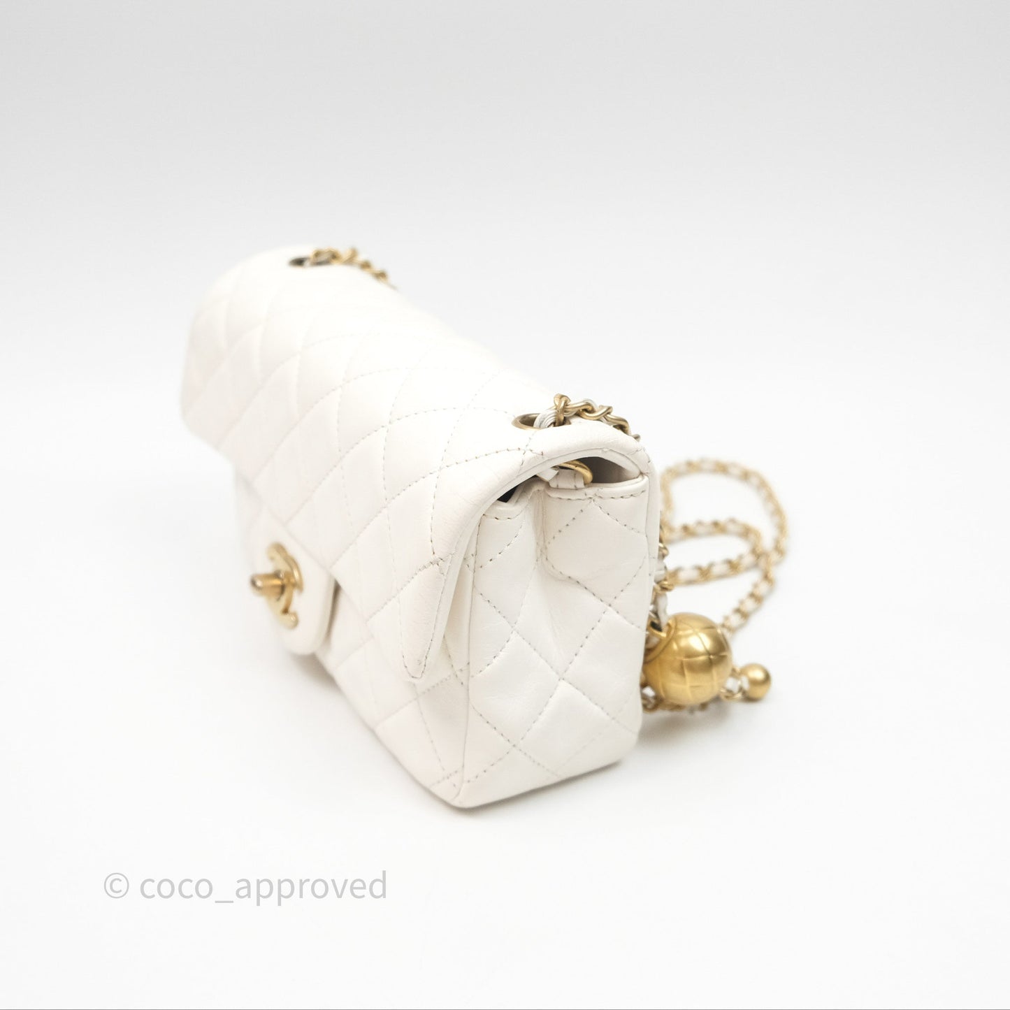 Chanel Mini Rectangular Pearl Crush Quilted White Lambskin Aged Gold Hardware