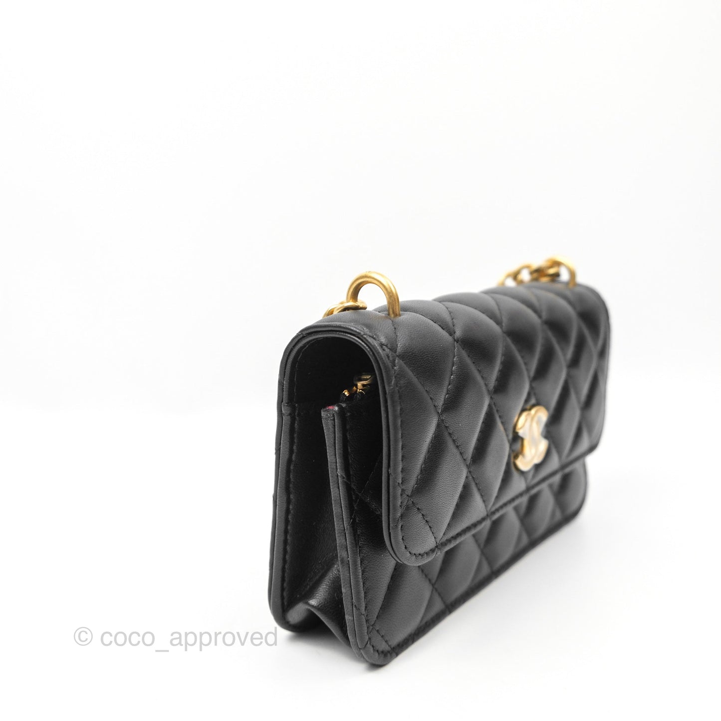 Chanel Mini WOC Phone Holder with Camellia Adjustable Chain Black Lambskin