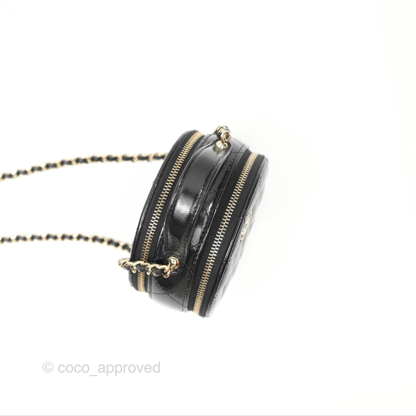 Chanel Mini Round Vanity Bag Handle With Care Black Glazed Lambskin 22C