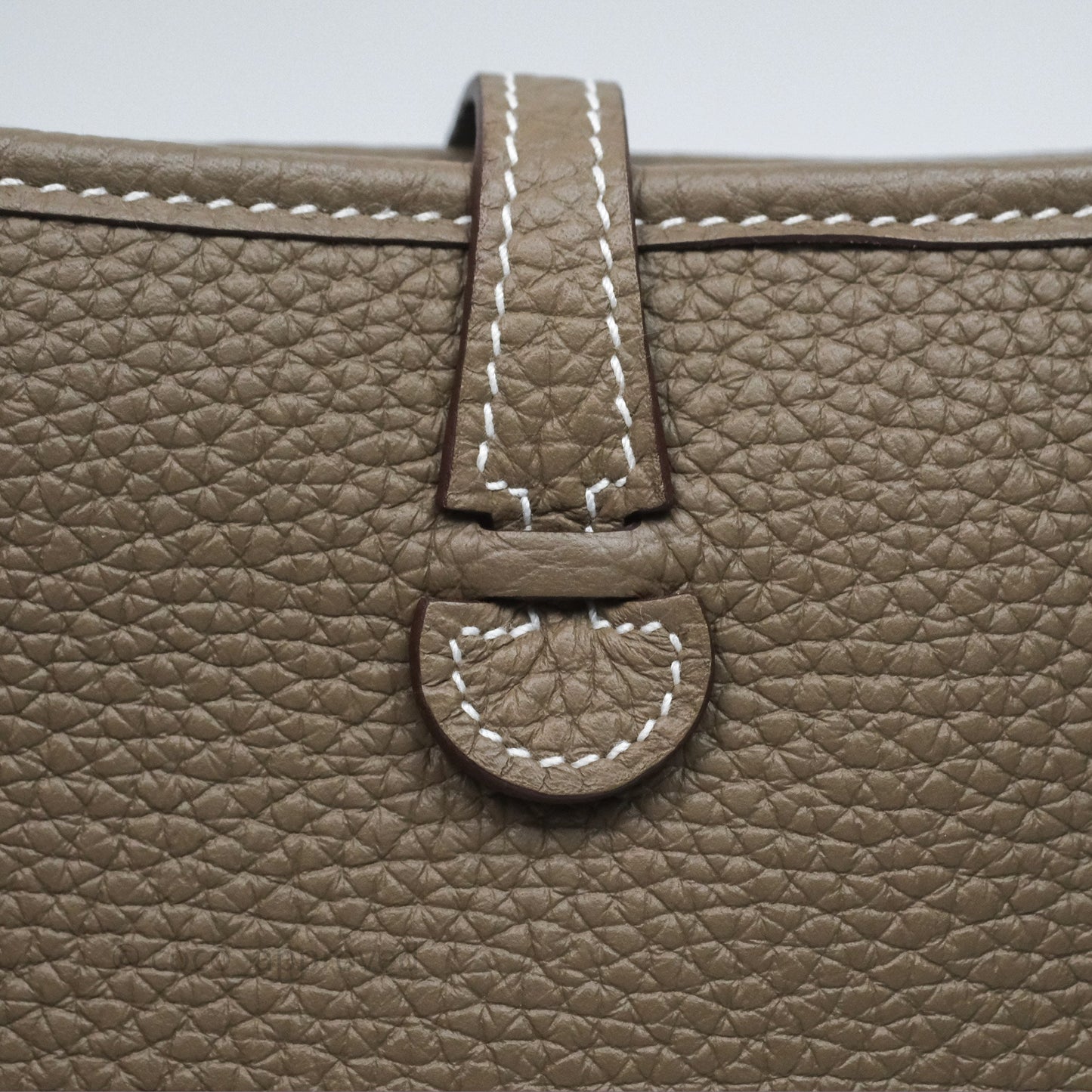 Hermès Mini Evelyne 16 Etoupe 18 Clemence Gold Hardware with Bleu Indigo Strap