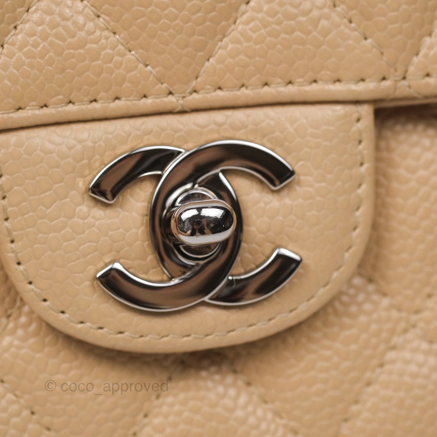 Chanel Quilted East West Flap Beige Caviar Silver Hardware