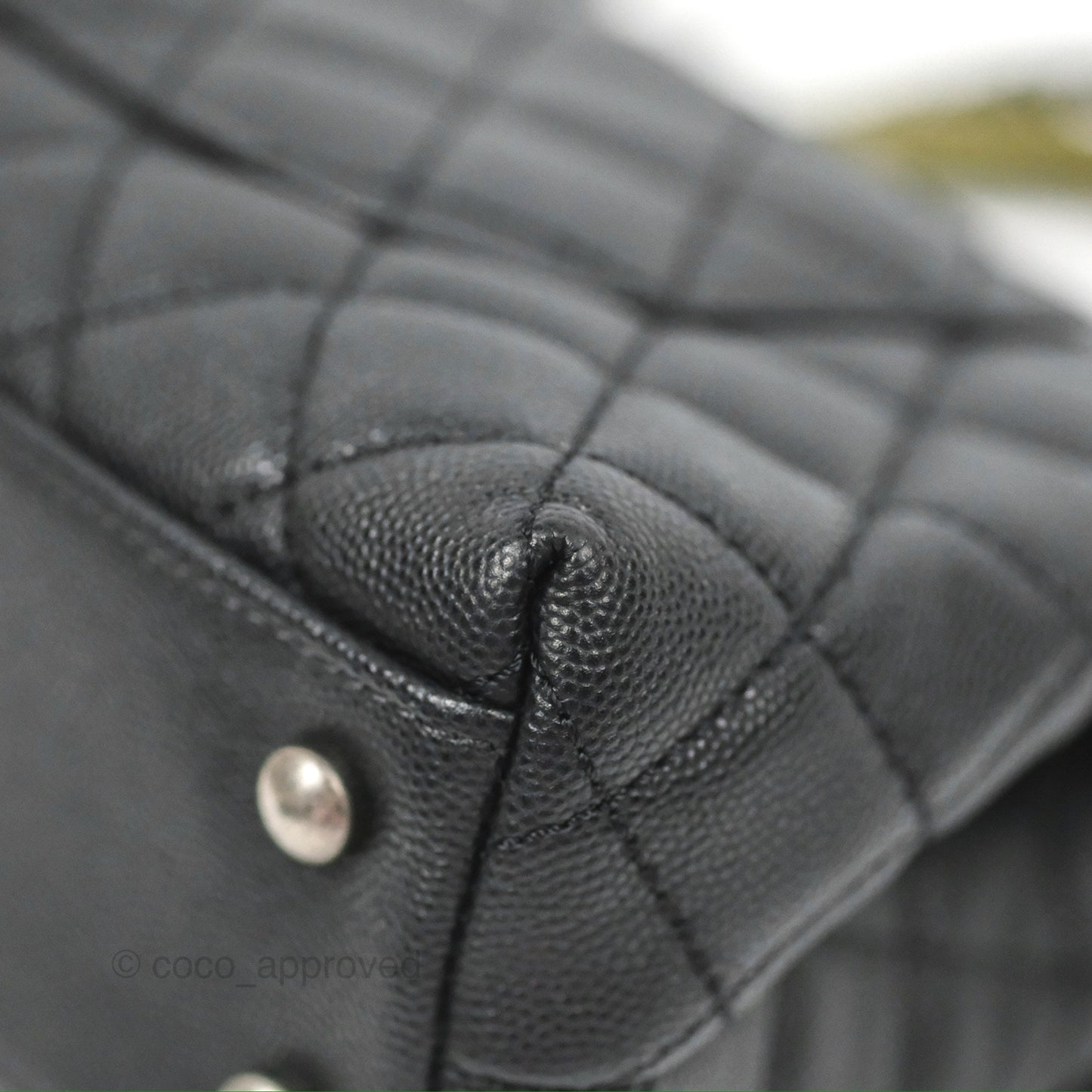 Chanel Small Coco Handle Quilted Black Caviar Ruthenium Hardware Olive Lizard Handle
