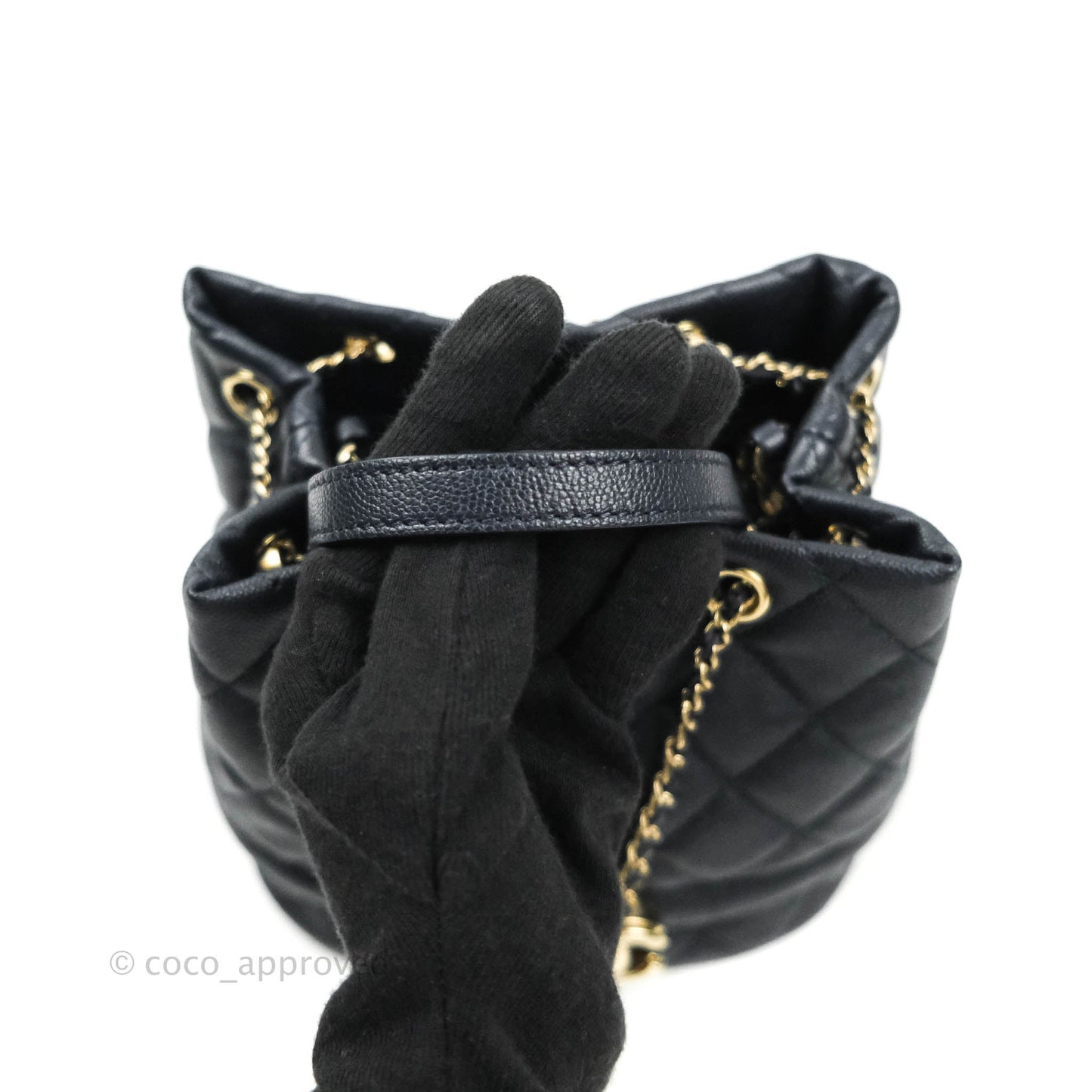 Chanel Caviar Quilted Rolled Up Bucket Drawstring Bag Navy Gold Hardware