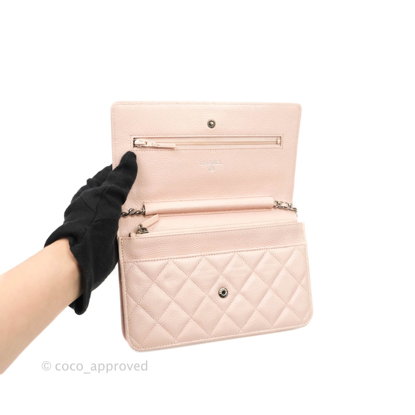 Chanel Quilted Wallet on Chain WOC Sakura Pink Caviar Silver Hardware