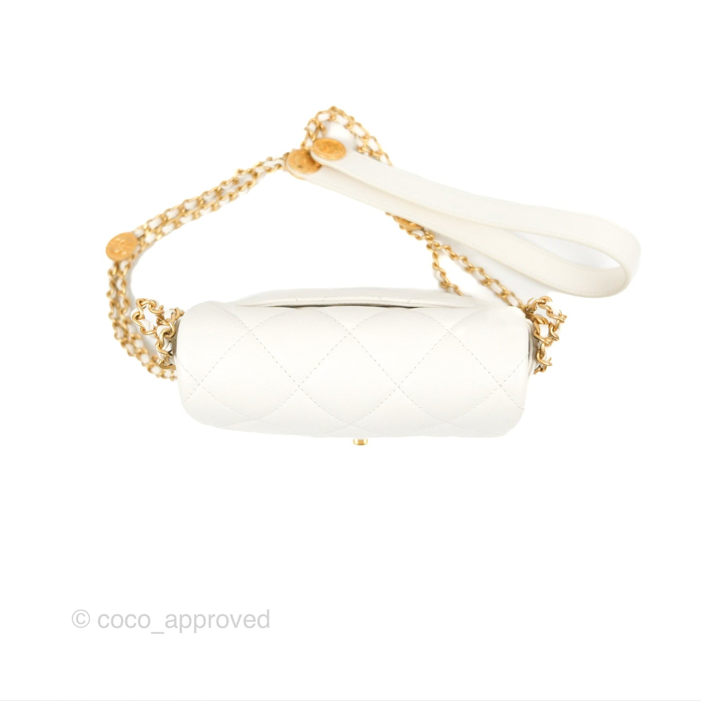 Chanel Mini Flap with Coin Charm White Caviar Aged Gold Hardware 22A