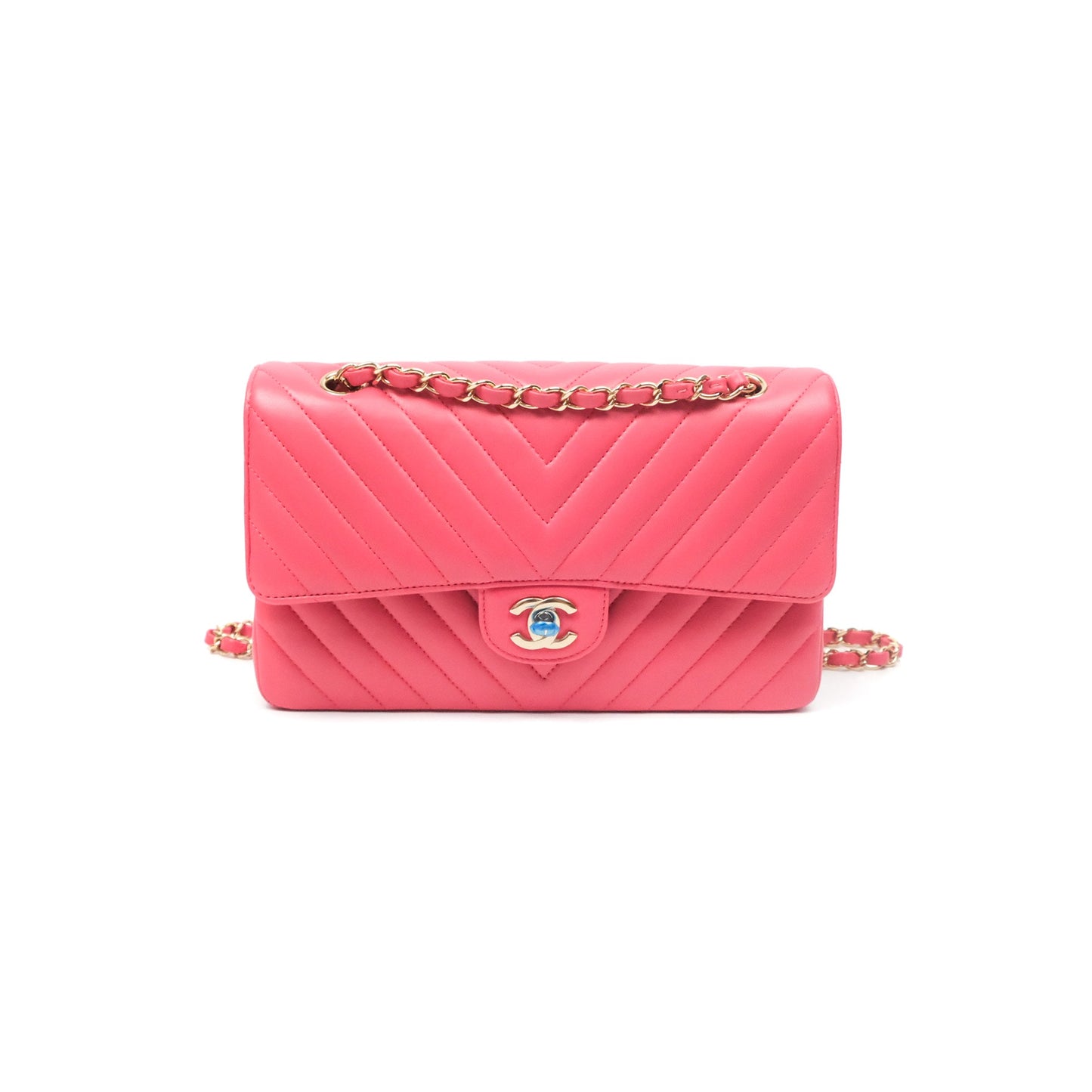 Chanel Medium Classic Flap Chevron Pink Lambskin Gold Hardware