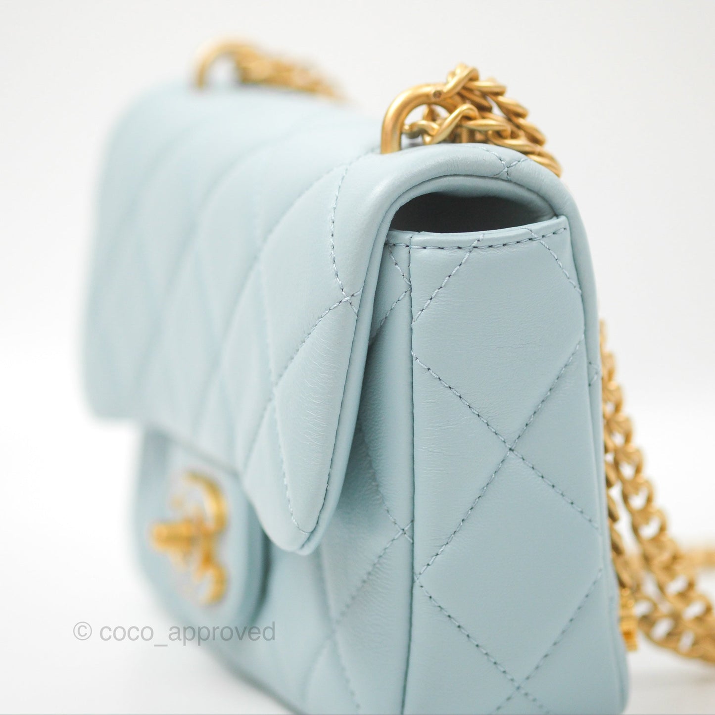 Chanel Quilted Enamel Pending CC Mini Square Flap Baby Blue Lambskin 22P
