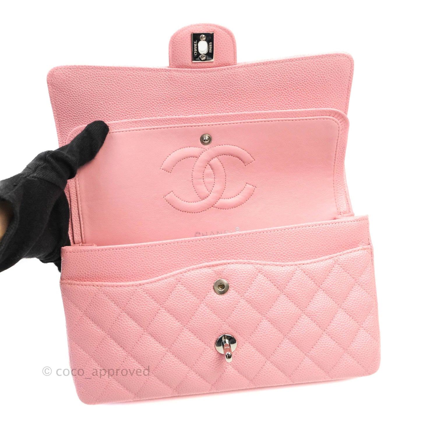 Chanel Quilted M/L Medium Double Flap Pink Caviar Silver Hardware