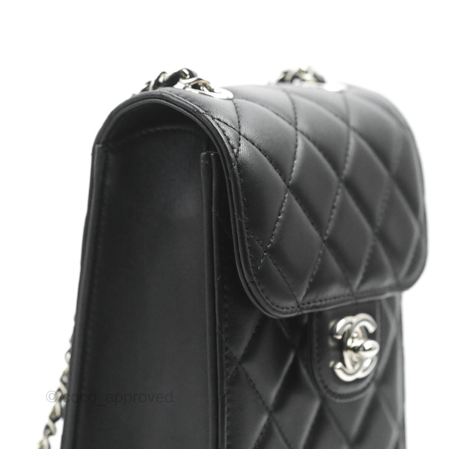 Chanel Classic Quilted Phone Holder Black Lambskin Silver Hardware
