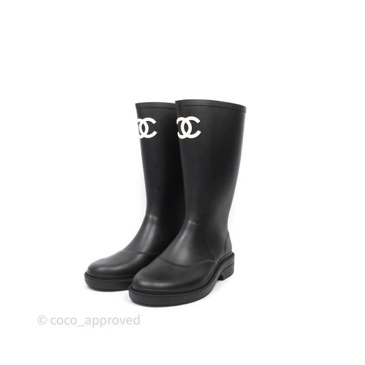Chanel CC Black Rubber Rain Boots Size 39