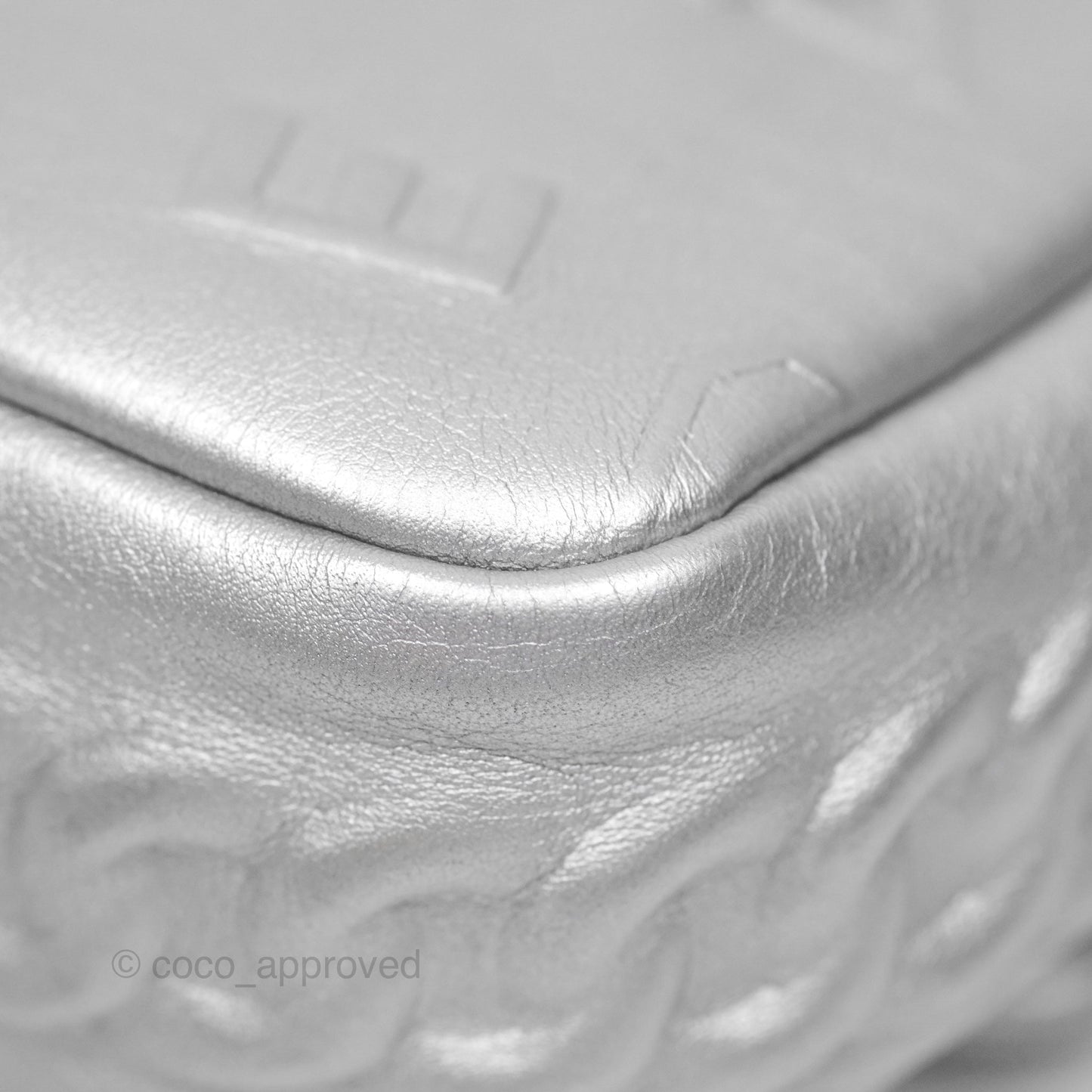 Chanel Medium Single Flap Embossed Metallic Silver Lambskin Ruthenium Hardware