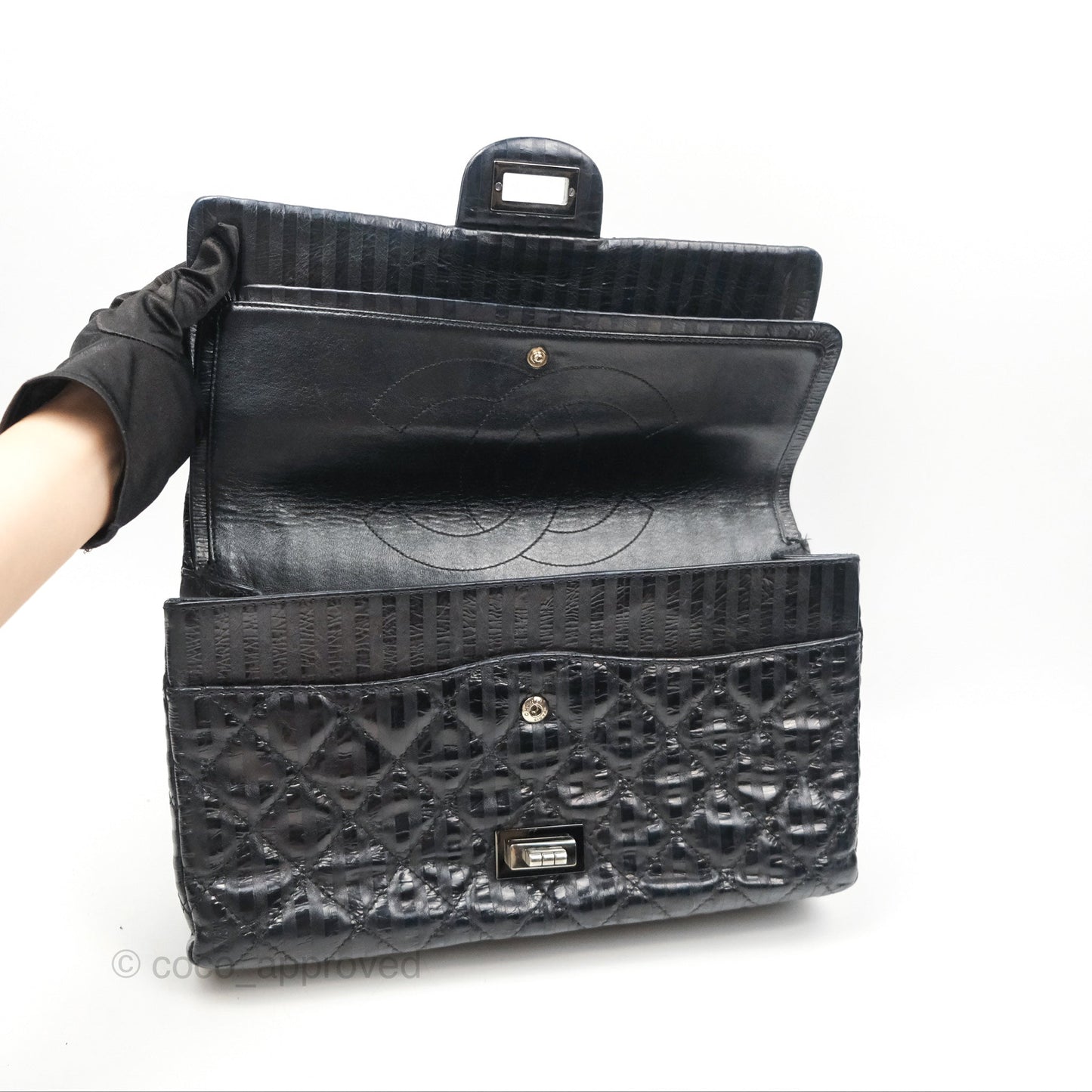 Chanel Reissue 227 Flap Quilted Calfskin Black Striped Dark Silver Hardware