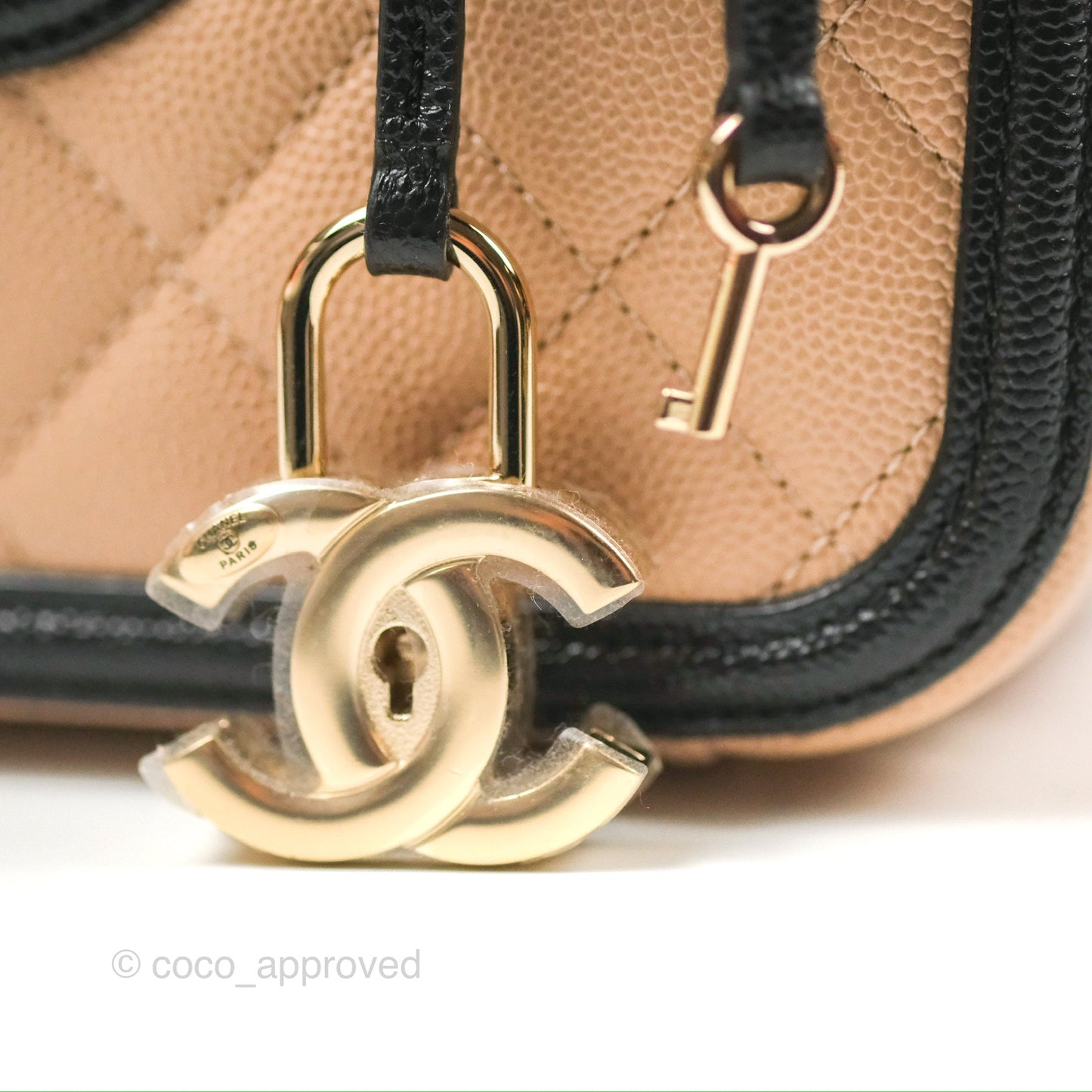 Chanel Quilted Medium CC Filigree Vanity Case Black Beige Caviar Gold Hardware