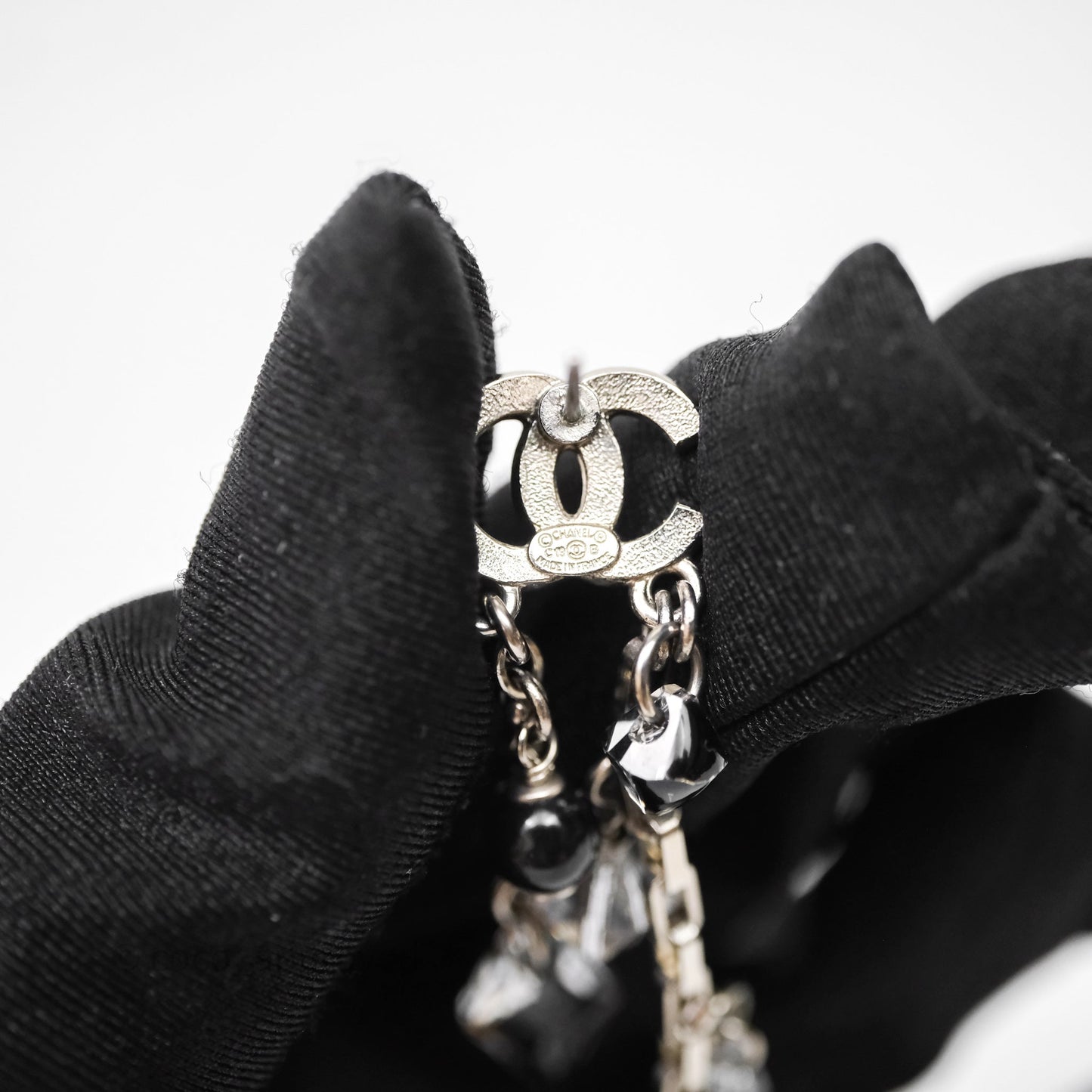 Chanel CC Black Resin Crystals Drop Earrings Silver Tone 19B