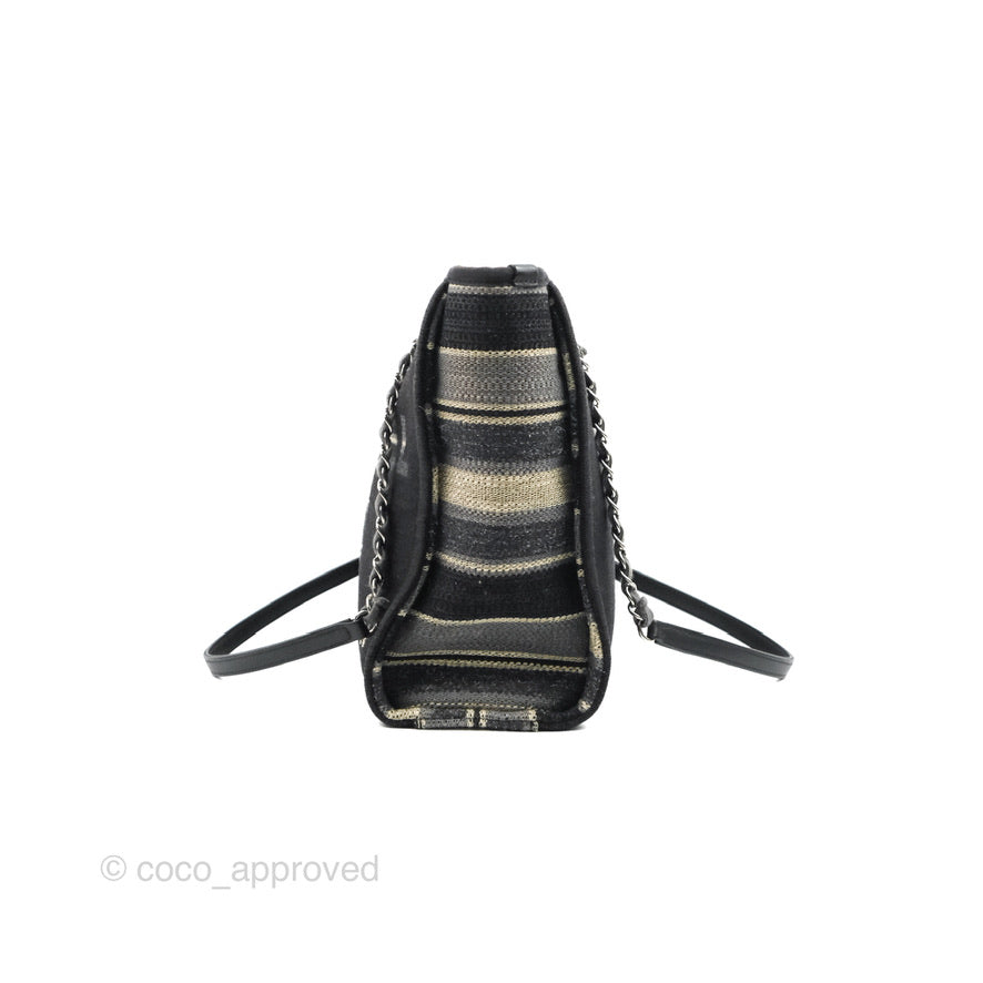 Chanel Mini Deauville Tote Black Stripe Canvas Silver Hardware