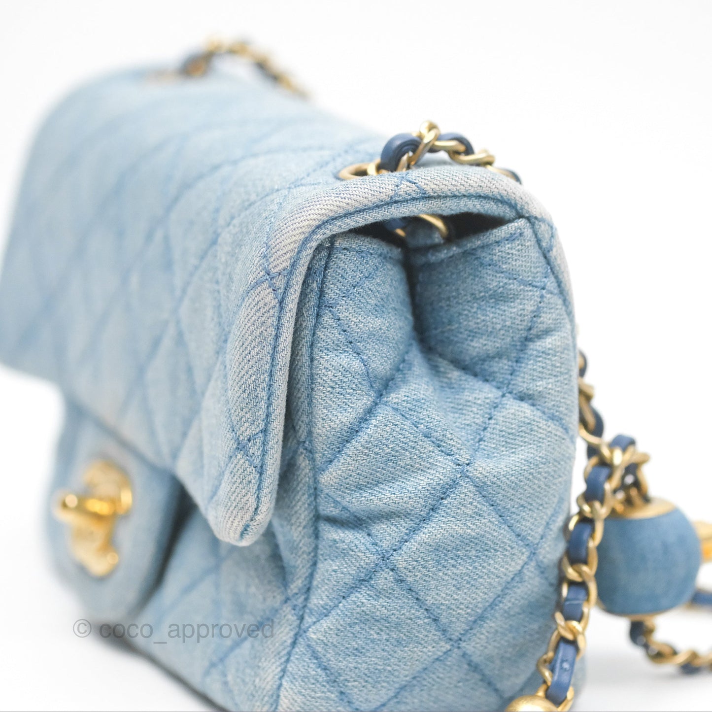 Chanel Mini Square Pearl Crush Quilted Denim Aged Gold Hardware