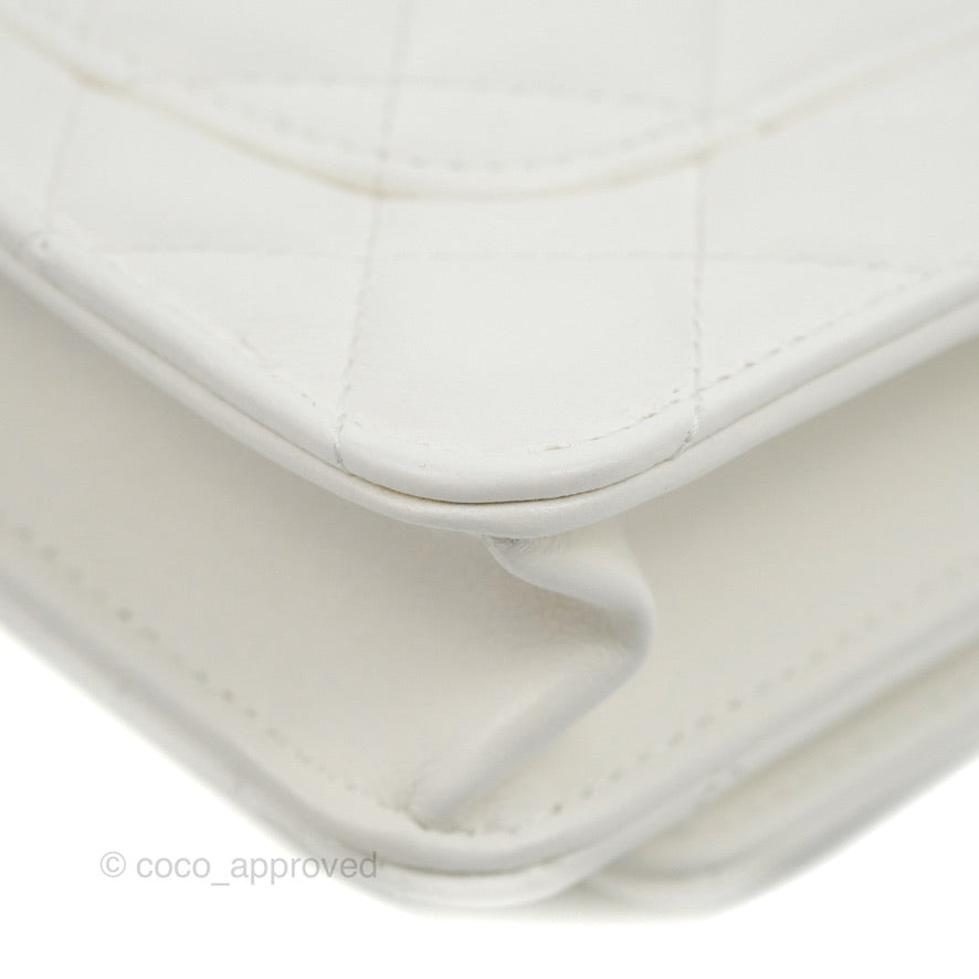 Chanel Quilted Double Chain WOC White Shiny Lambskin Aged Gold Hardware 23C