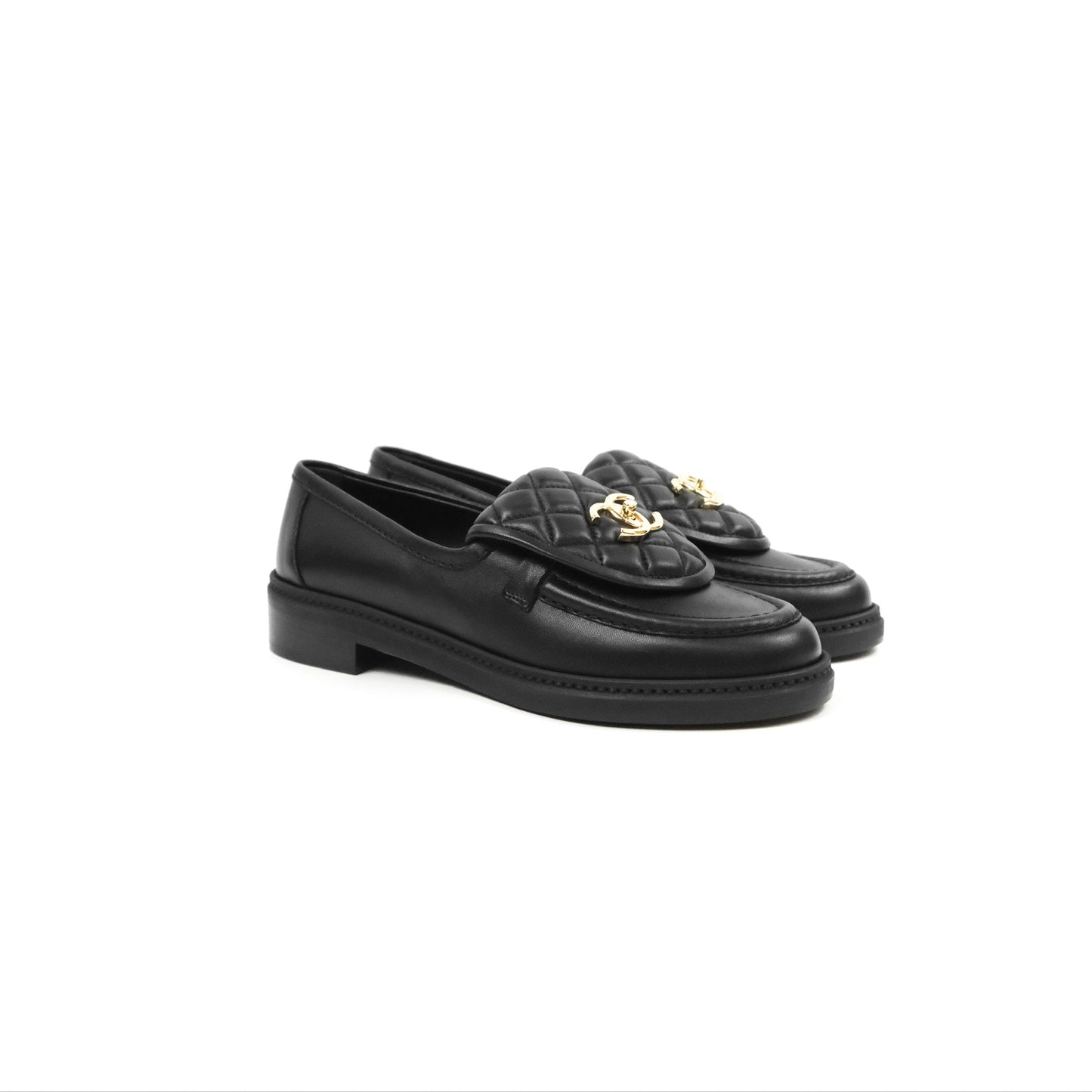 Chanel CC Turnlock Loafers Quilted Black Calfskin Gold Hardware Size 37.5