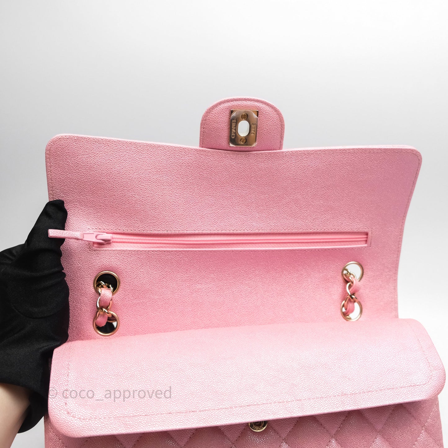 Chanel Quilted Classic M/L Medium Flap Iridescent Pink Caviar Gold Hardware 19S