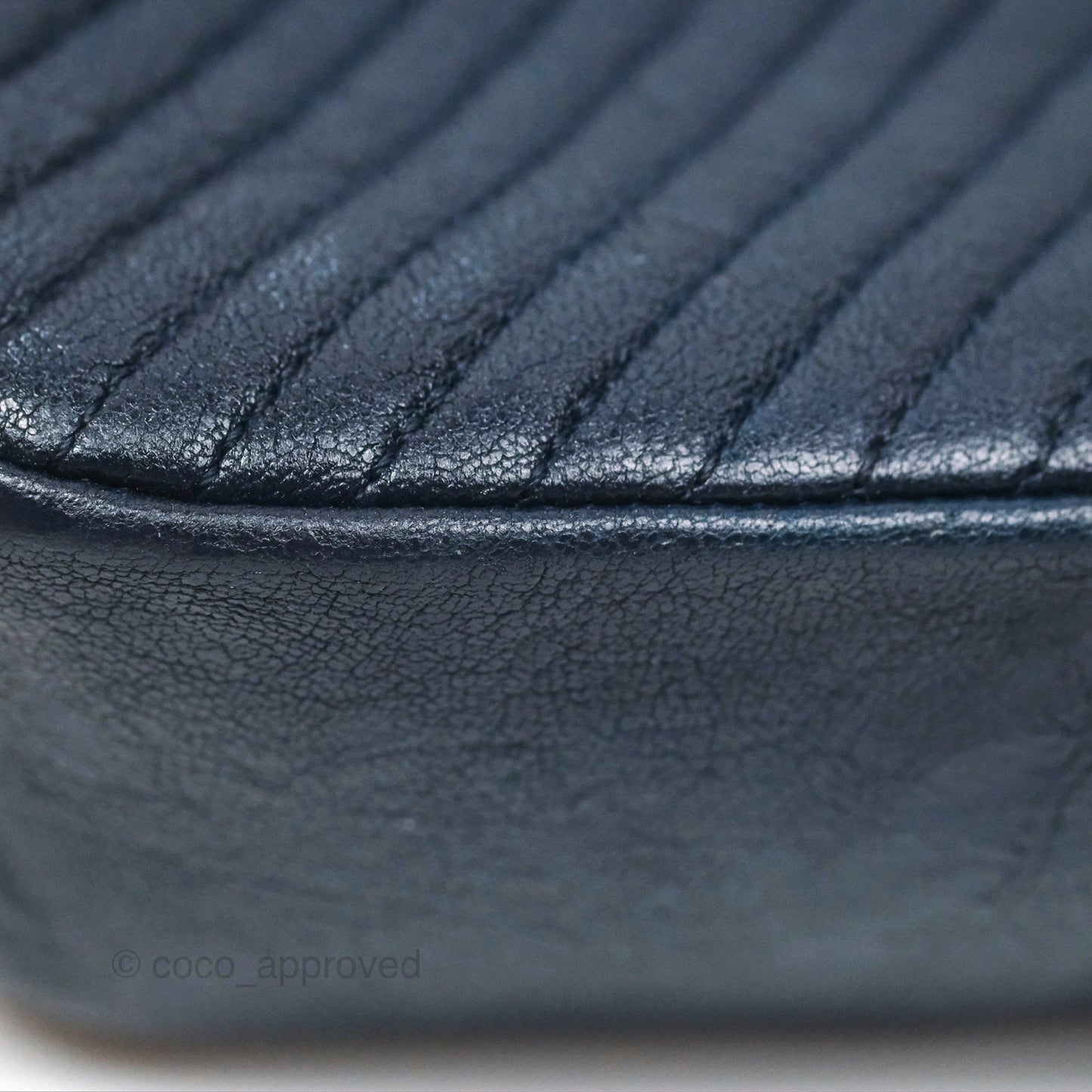 Chanel Small Chevron Surpique Flap Navy Calfskin Aged Gold Hardware