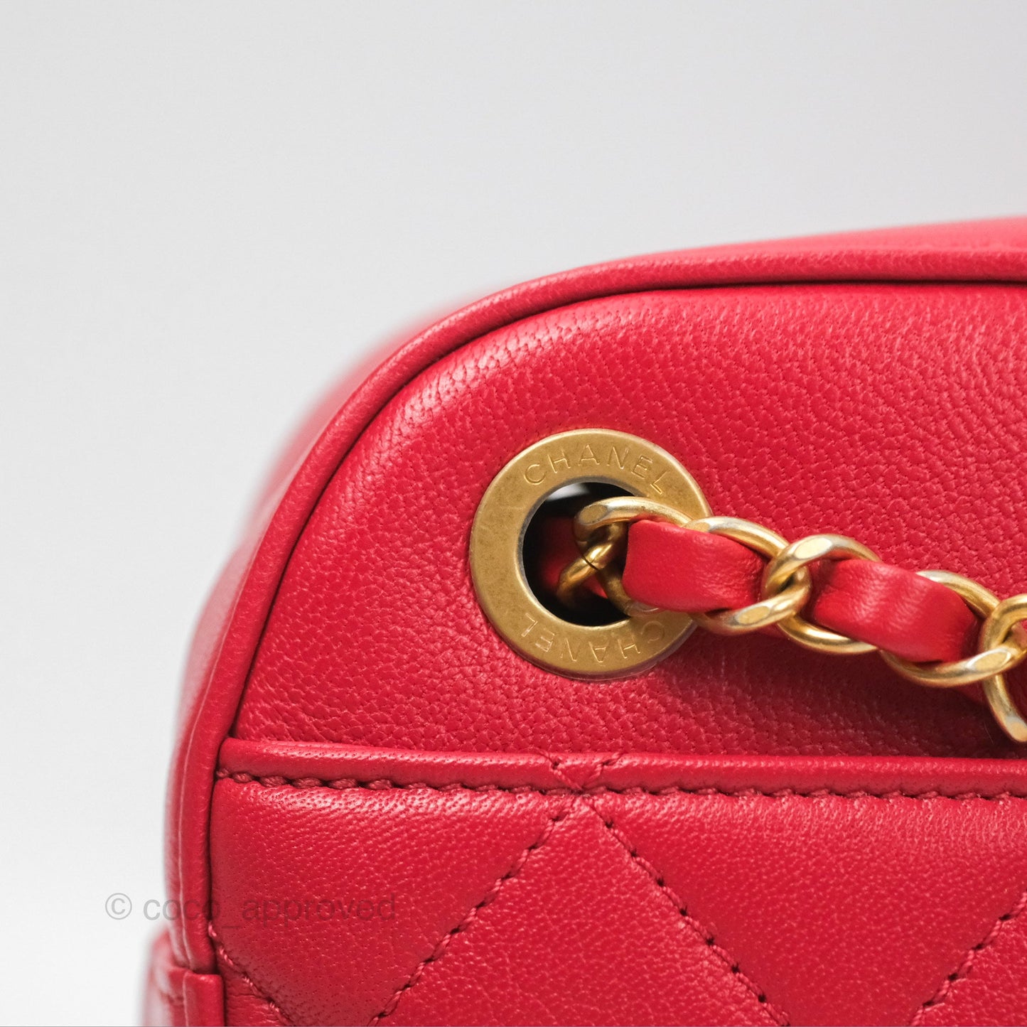 Chanel Chain Infinity Camera Case Red Goatskin Aged Gold Hardware