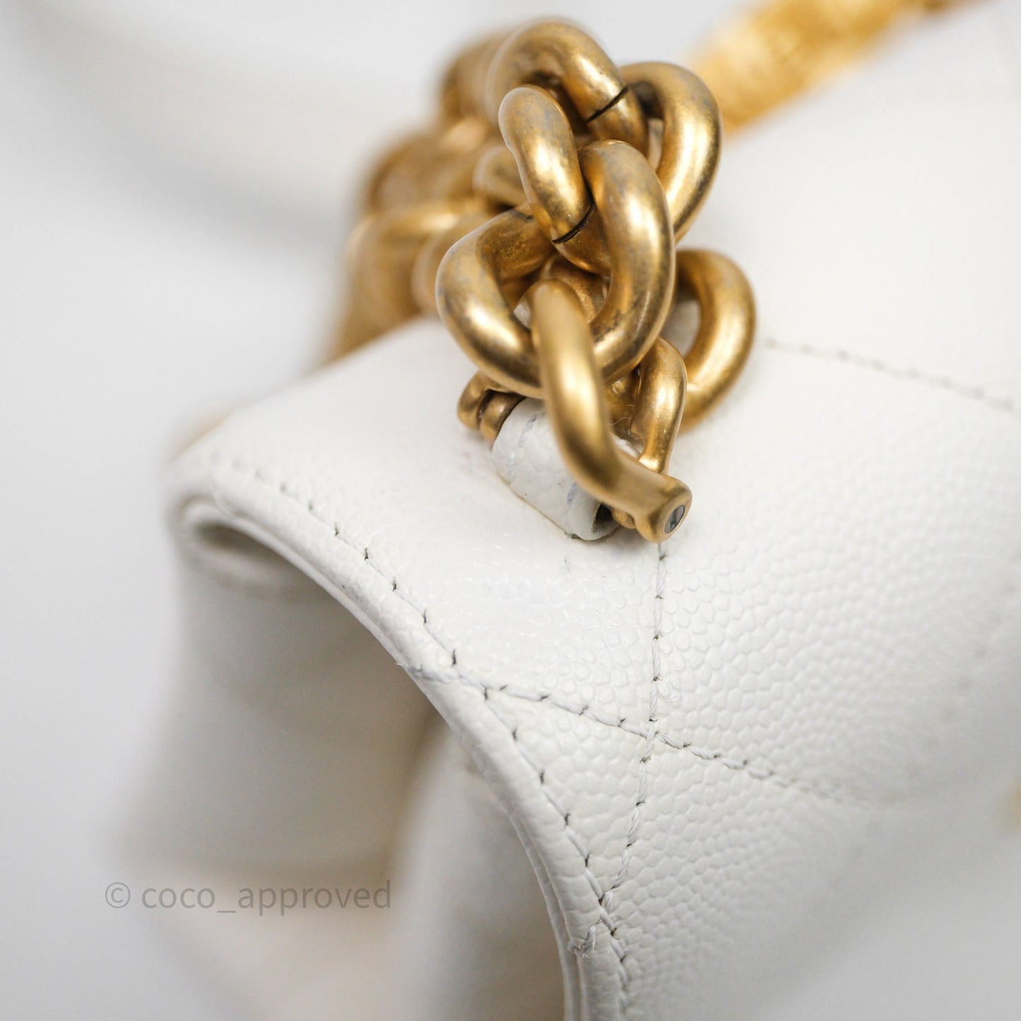 Chanel Bracelet On Chain Small Flap Bag White Caviar Aged Gold Hardware