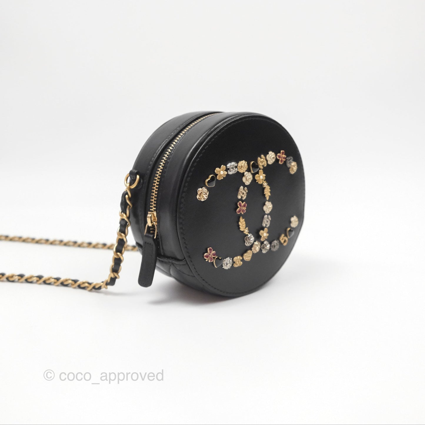 Chanel Studded CC Round Clutch With Chain Black Lambskin Gold Hardware