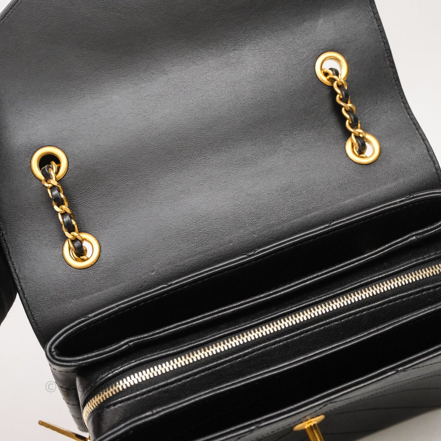 Chanel Chevron Flap Bag Black Calfskin Aged Gold Hardware