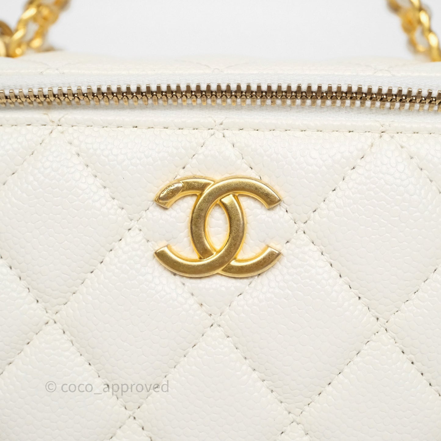 Chanel Logo Top Handle Vanity Rectangular White Caviar Aged Gold Hardware
