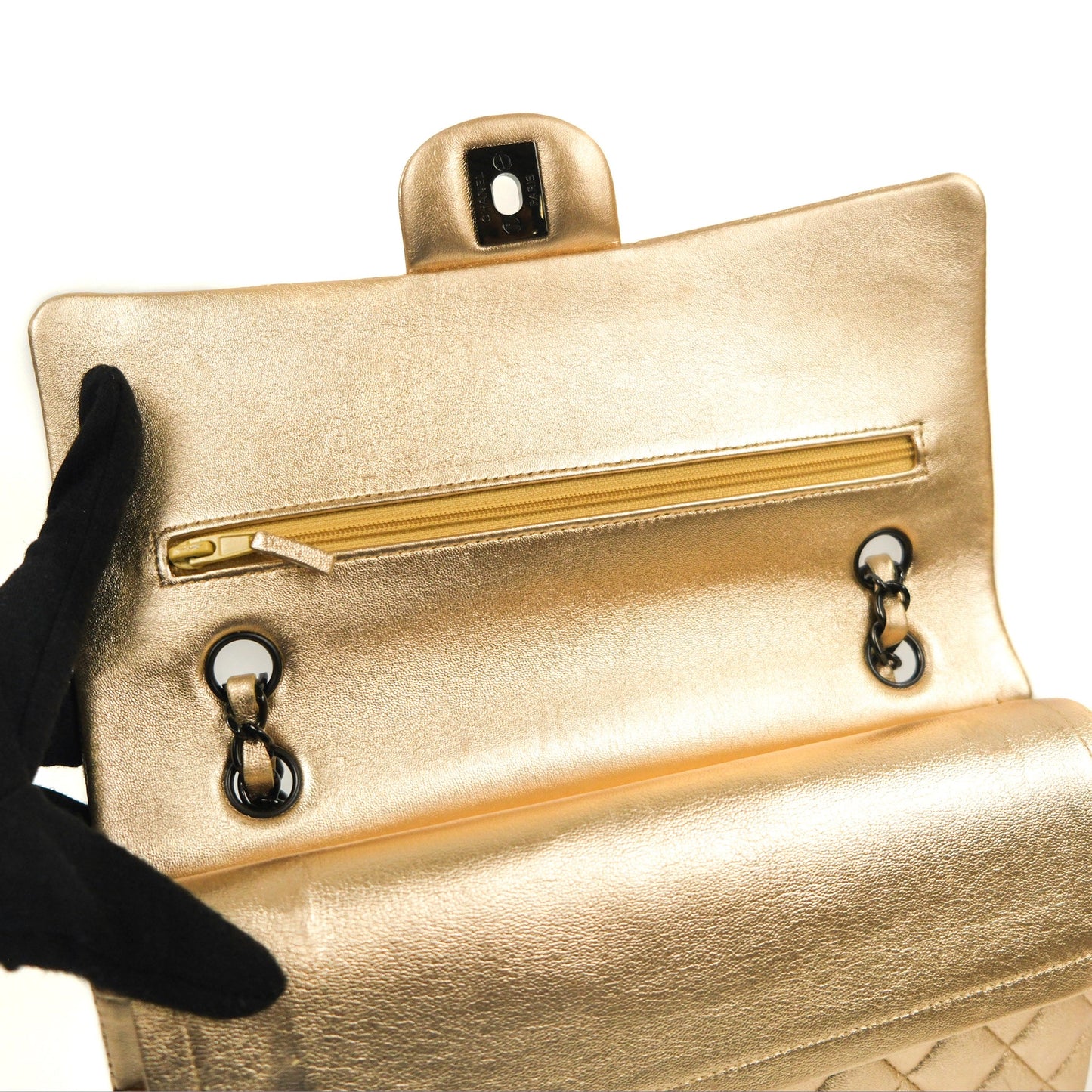 Chanel Classic M/L Medium Flap Quilted Metallic Gold Lambskin Gun Metal